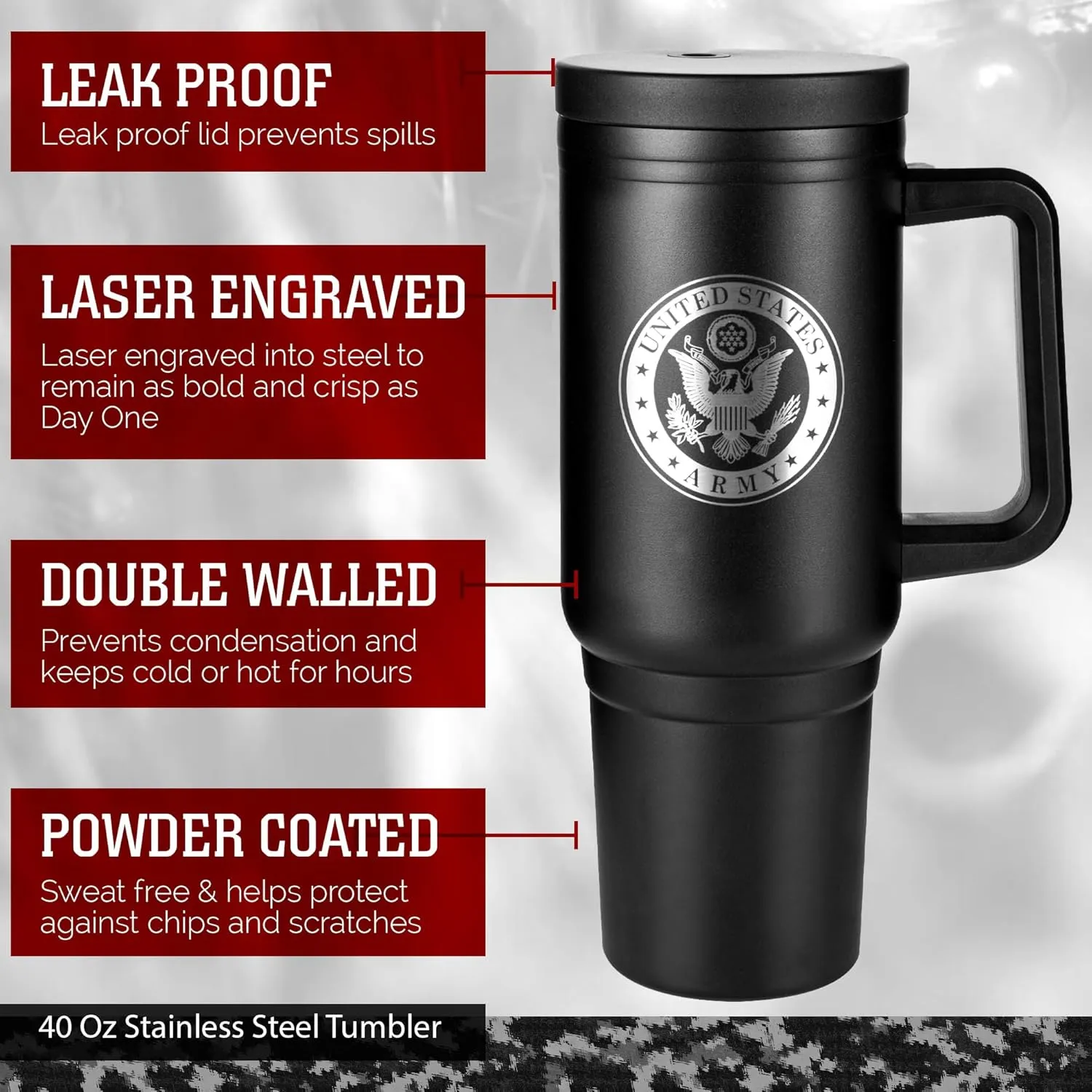 Army 40oz Insulated Tumbler with Handle, Lid & Straw - US ARMY Gifts - Use for Water, Tea, Coffee & More-Disabled USMC Vet Owned Small Business