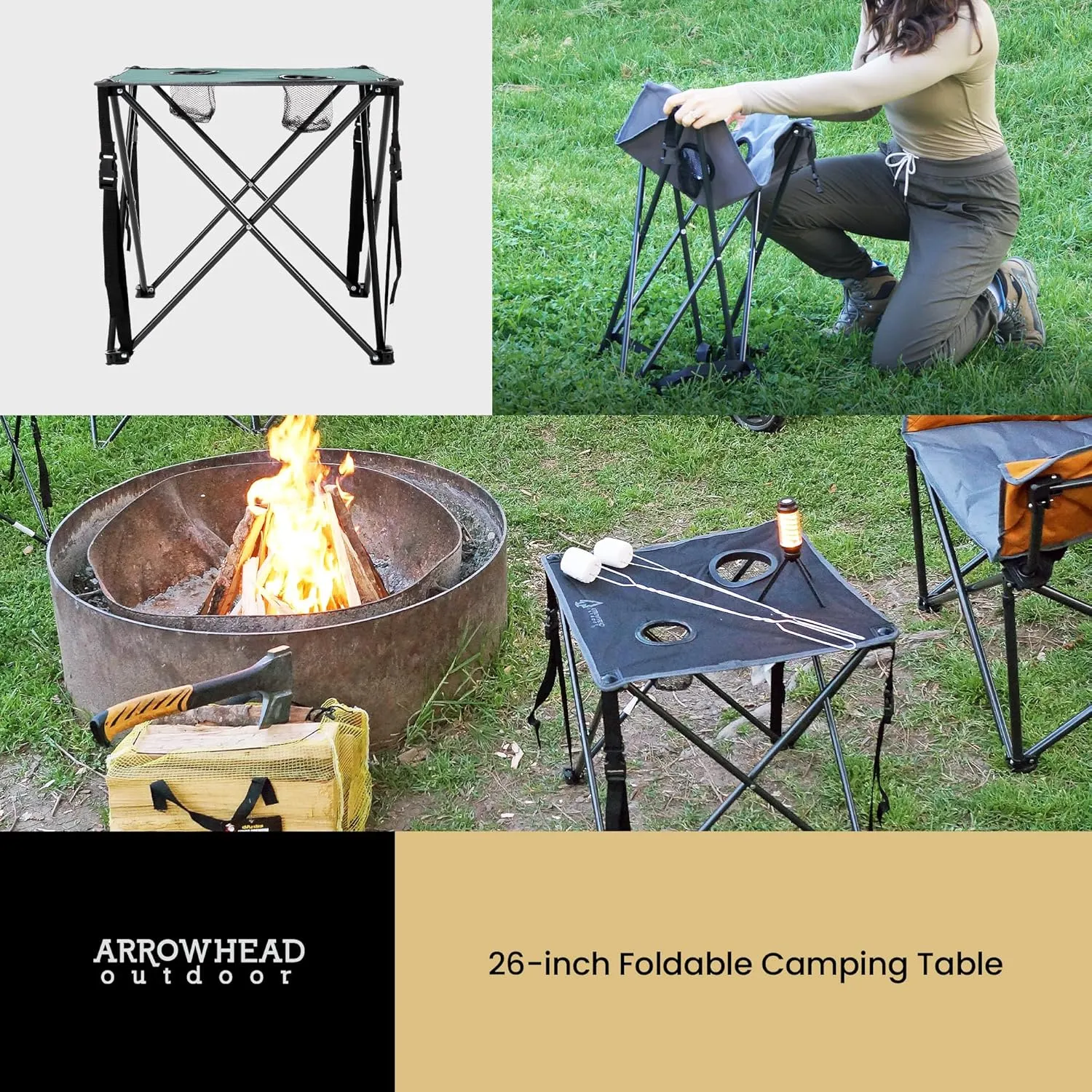 ARROWHEAD OUTDOOR 26” (66cm) Heavy-Duty Portable Camping Folding Table, 2 Cup Holders, Compact, Square, Carrying Case Included, Steel Frame, High-Grade 600D Canvas, USA-Based Support