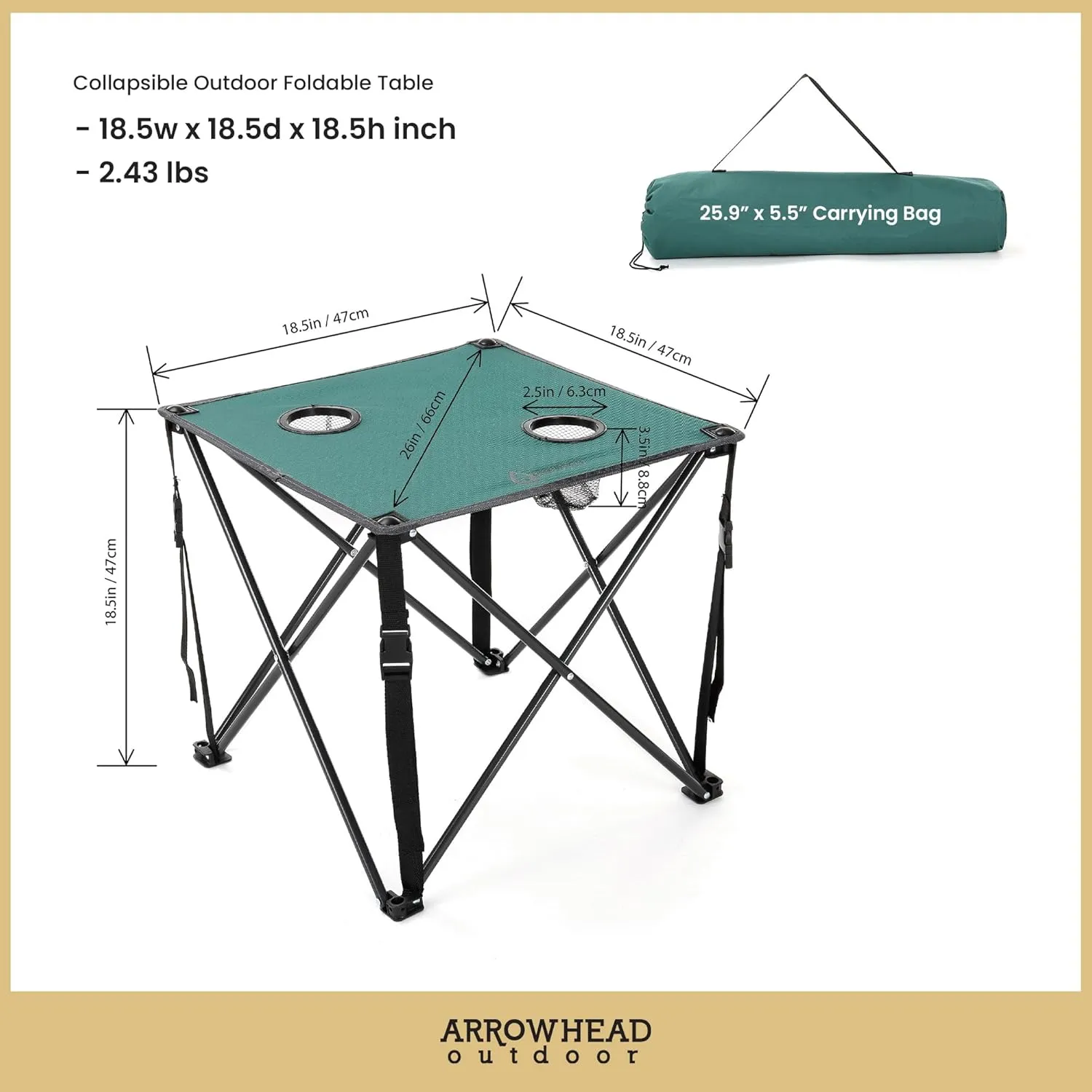 ARROWHEAD OUTDOOR 26” (66cm) Heavy-Duty Portable Camping Folding Table, 2 Cup Holders, Compact, Square, Carrying Case Included, Steel Frame, High-Grade 600D Canvas, USA-Based Support