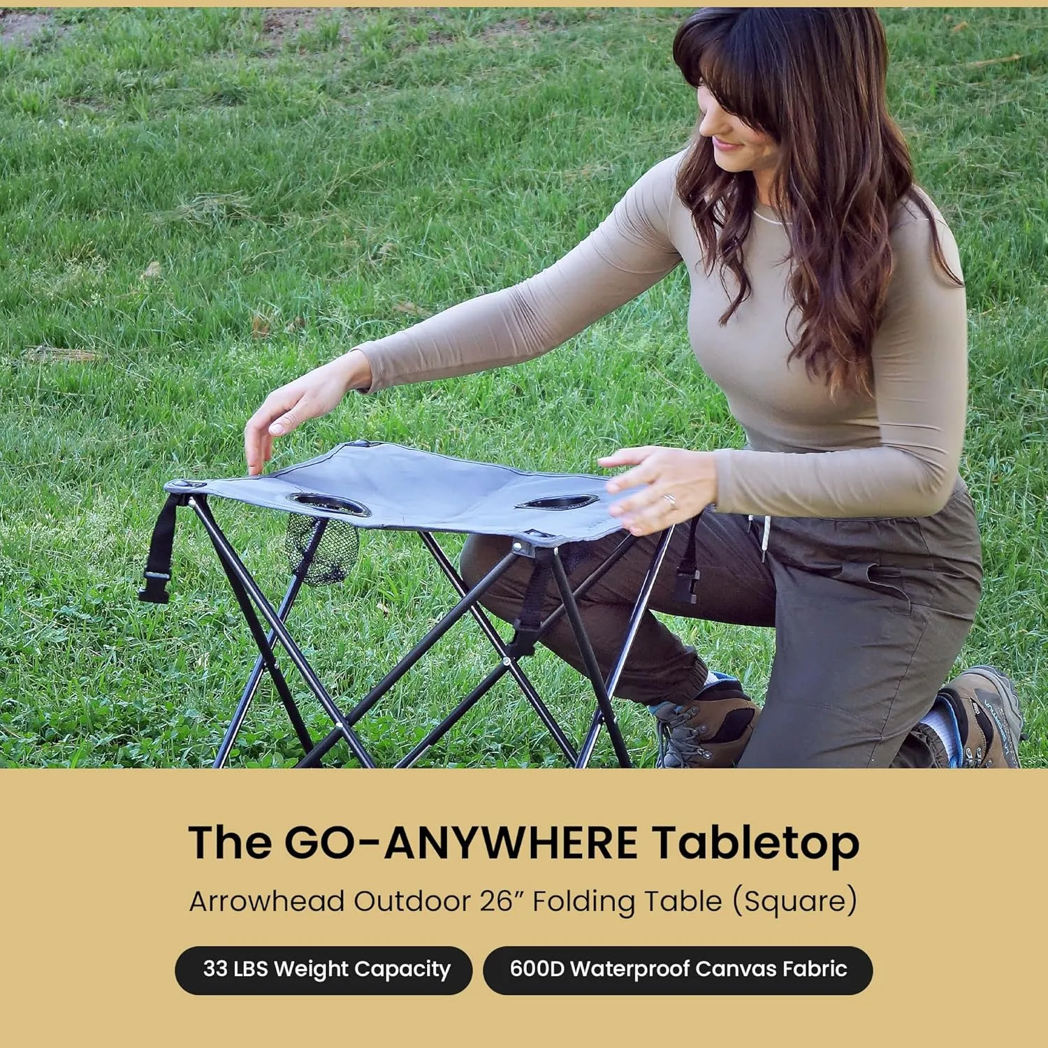 ARROWHEAD OUTDOOR 26” (66cm) Heavy-Duty Portable Camping Folding Table, 2 Cup Holders, Compact, Square, Carrying Case Included, Steel Frame, High-Grade 600D Canvas, USA-Based Support