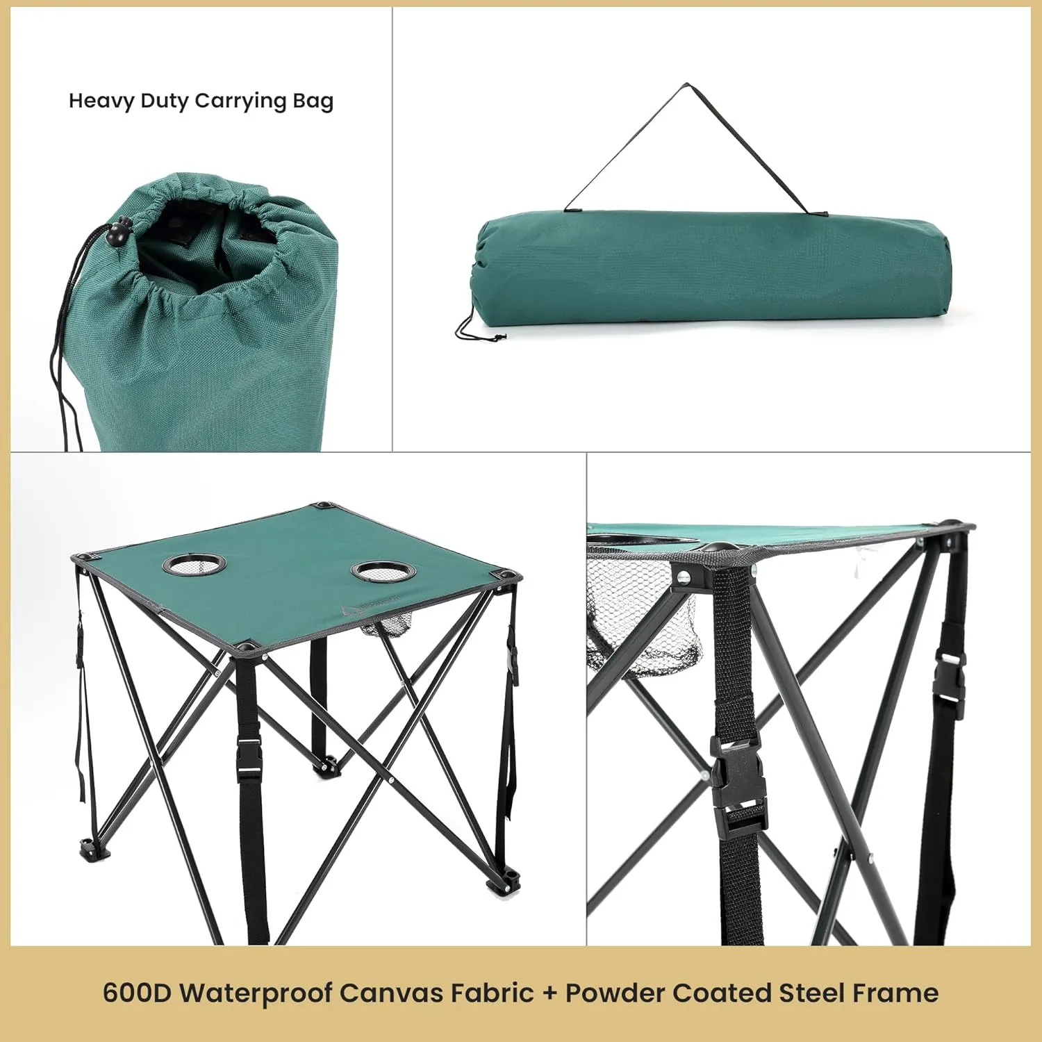 ARROWHEAD OUTDOOR 26” (66cm) Heavy-Duty Portable Camping Folding Table, 2 Cup Holders, Compact, Square, Carrying Case Included, Steel Frame, High-Grade 600D Canvas, USA-Based Support