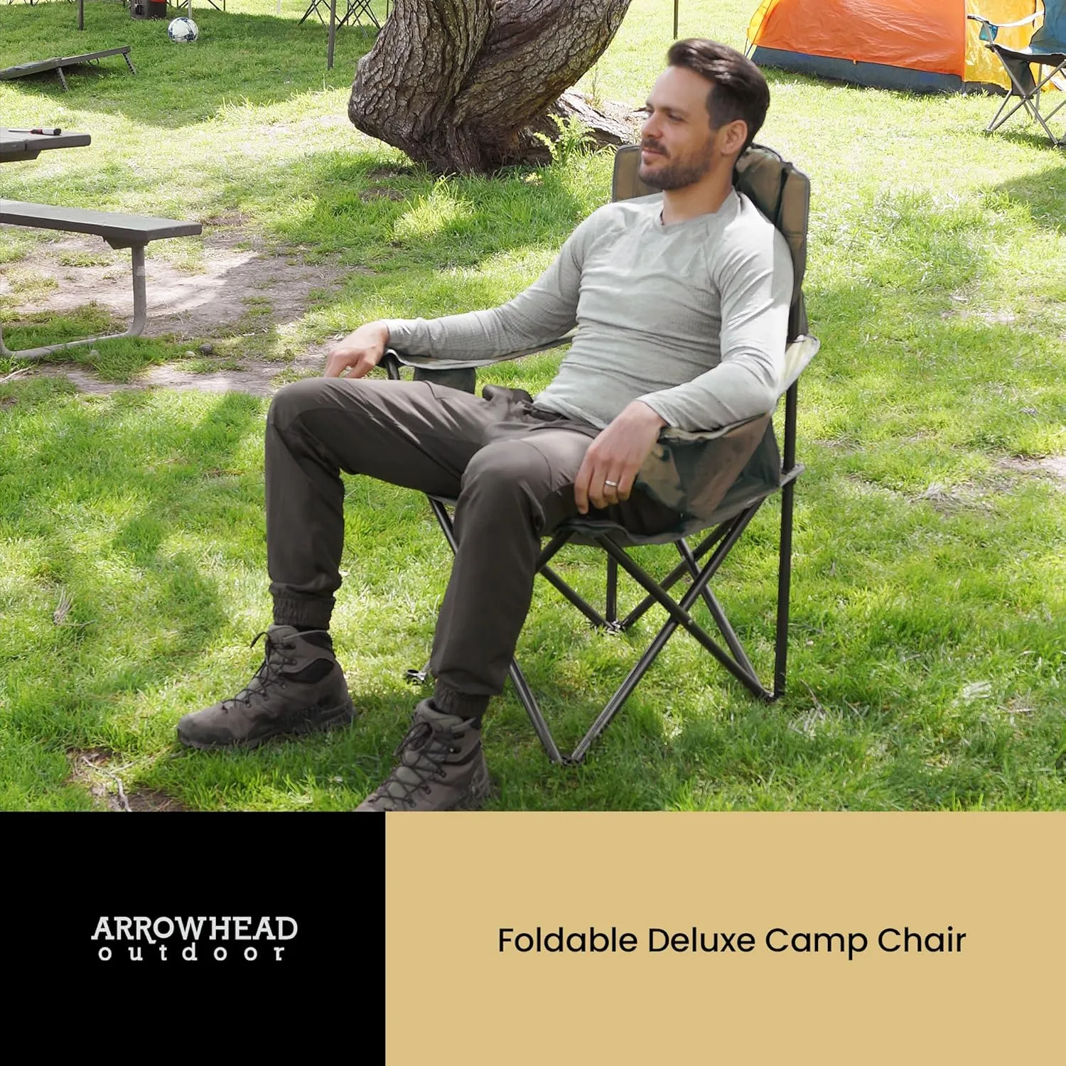 ARROWHEAD OUTDOOR Portable Folding Camping Quad Chair w/ 6-Can Cooler, Cup & Wine Glass Holders, Heavy-Duty Carrying Bag, Padded Armrests, Headrest & Seat, Supports up to 550lbs, USA-Based Support