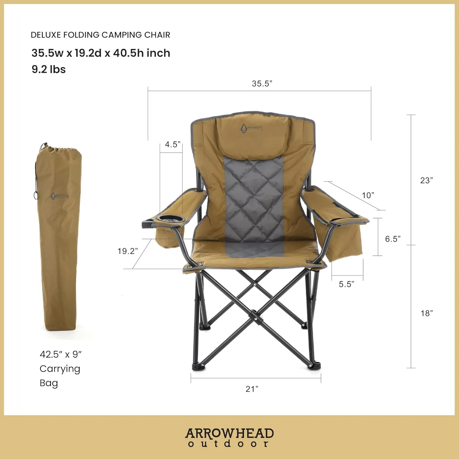 ARROWHEAD OUTDOOR Portable Folding Camping Quad Chair w/ 6-Can Cooler, Cup & Wine Glass Holders, Heavy-Duty Carrying Bag, Padded Armrests, Headrest & Seat, Supports up to 550lbs, USA-Based Support