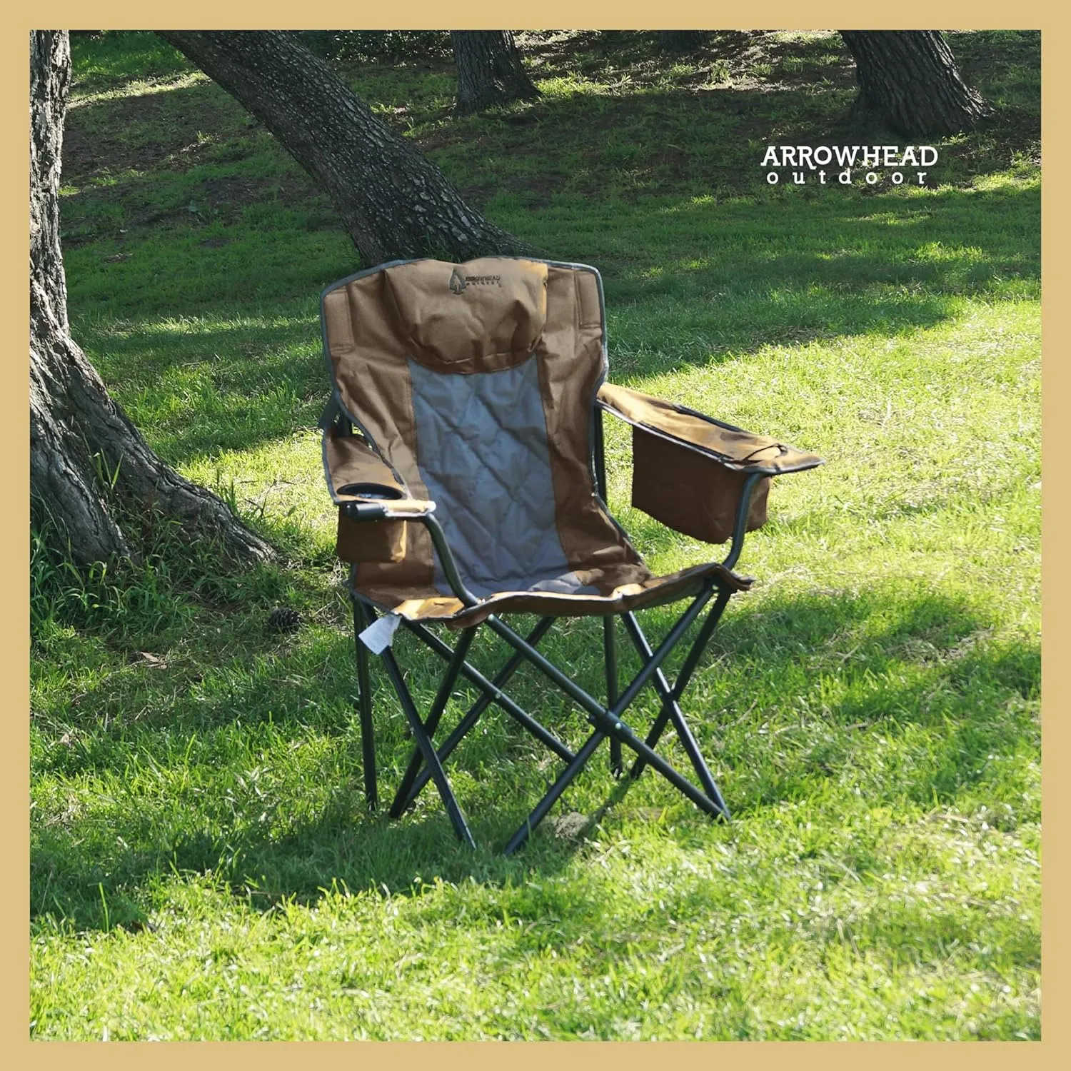 ARROWHEAD OUTDOOR Portable Folding Camping Quad Chair w/ 6-Can Cooler, Cup & Wine Glass Holders, Heavy-Duty Carrying Bag, Padded Armrests, Headrest & Seat, Supports up to 550lbs, USA-Based Support