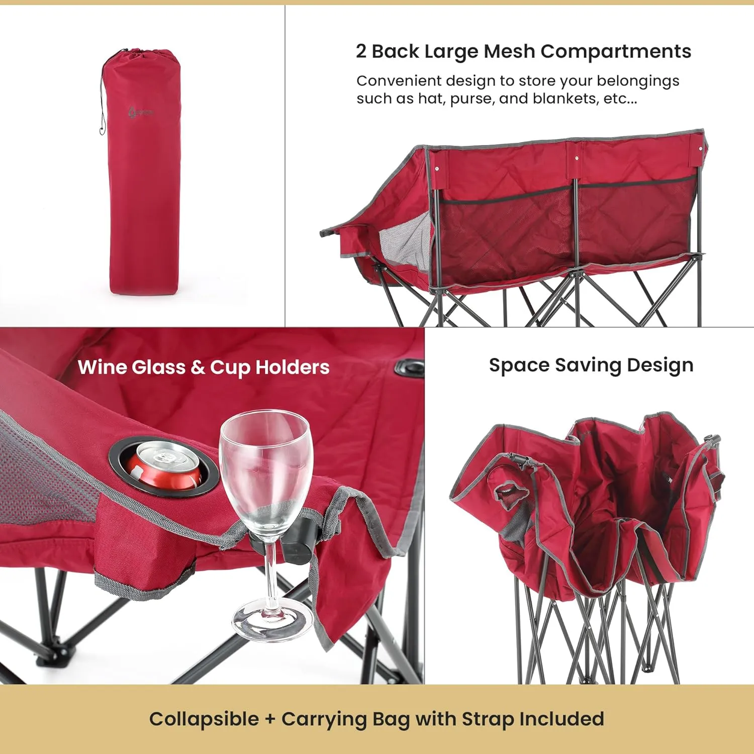 ARROWHEAD OUTDOOR Portable Folding Double Duo Camping Chair Loveseat w/ 2 Cup & Wine Glass Holder, Heavy-Duty Carrying Bag, Padded Seats & Armrests, Supports up to 500lbs, USA-Based Support
