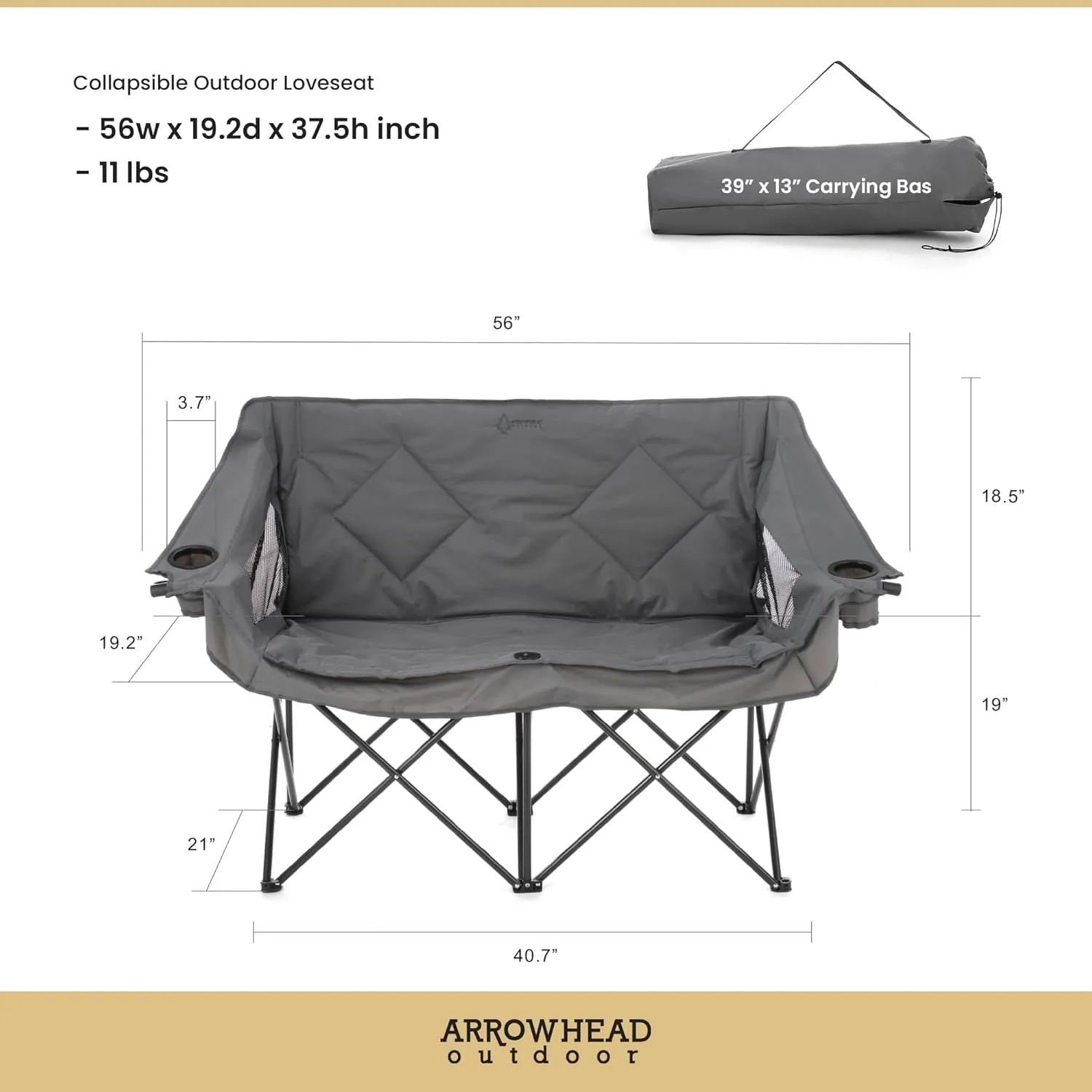 ARROWHEAD OUTDOOR Portable Folding Double Duo Camping Chair Loveseat w/ 2 Cup & Wine Glass Holder, Heavy-Duty Carrying Bag, Padded Seats & Armrests, Supports up to 500lbs, USA-Based Support
