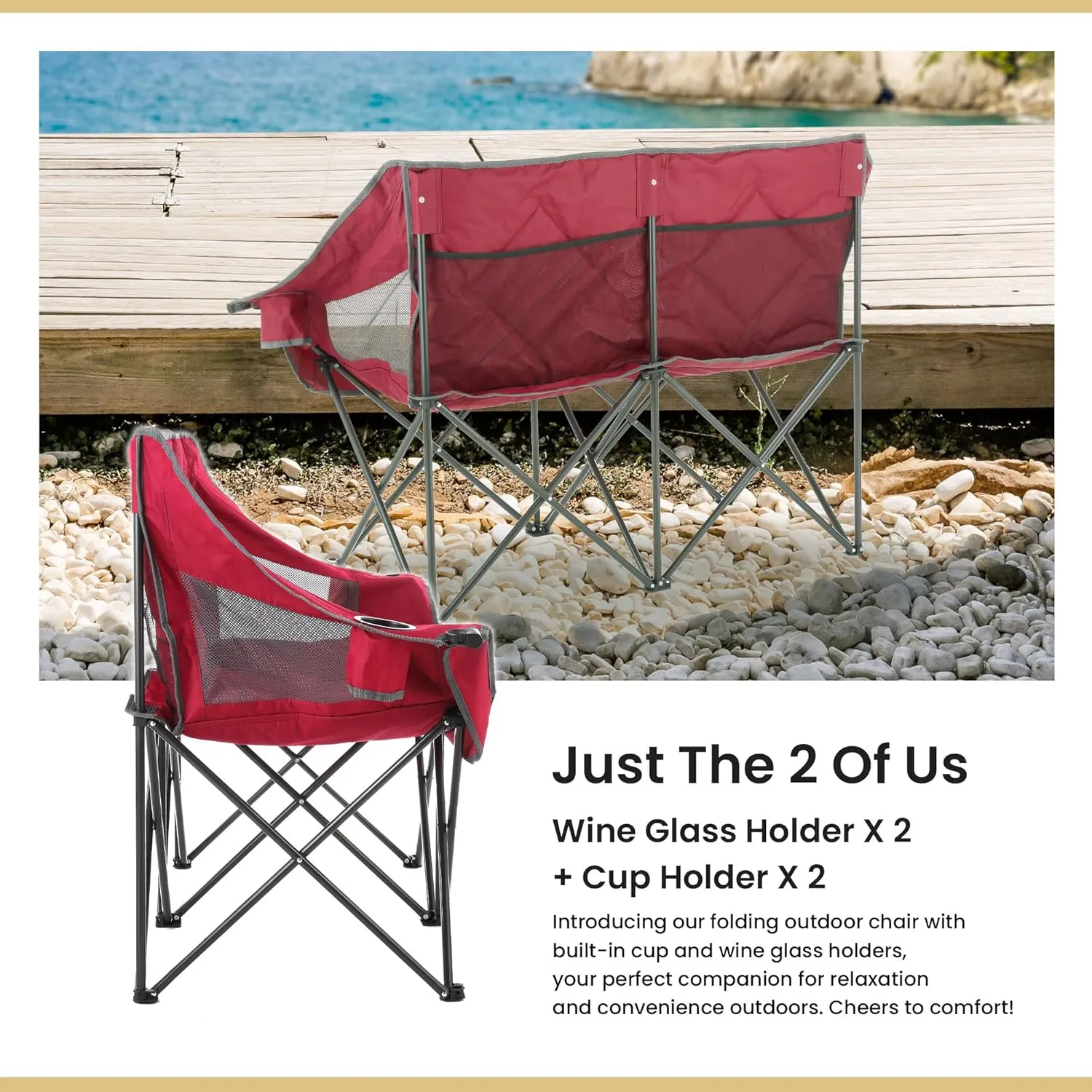 ARROWHEAD OUTDOOR Portable Folding Double Duo Camping Chair Loveseat w/ 2 Cup & Wine Glass Holder, Heavy-Duty Carrying Bag, Padded Seats & Armrests, Supports up to 500lbs, USA-Based Support