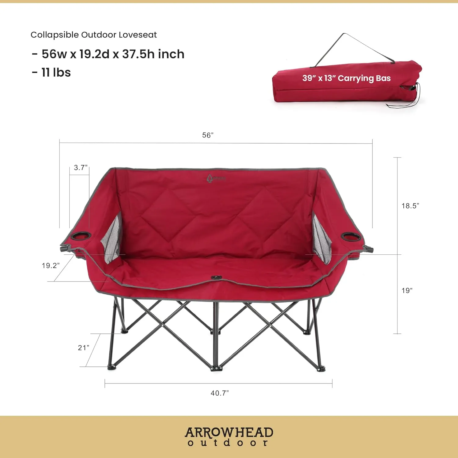 ARROWHEAD OUTDOOR Portable Folding Double Duo Camping Chair Loveseat w/ 2 Cup & Wine Glass Holder, Heavy-Duty Carrying Bag, Padded Seats & Armrests, Supports up to 500lbs, USA-Based Support