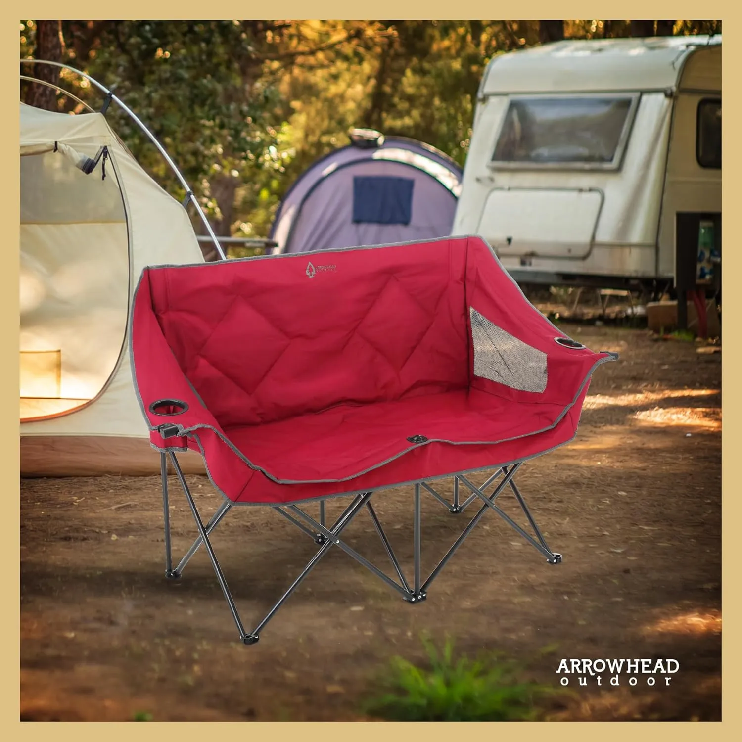 ARROWHEAD OUTDOOR Portable Folding Double Duo Camping Chair Loveseat w/ 2 Cup & Wine Glass Holder, Heavy-Duty Carrying Bag, Padded Seats & Armrests, Supports up to 500lbs, USA-Based Support