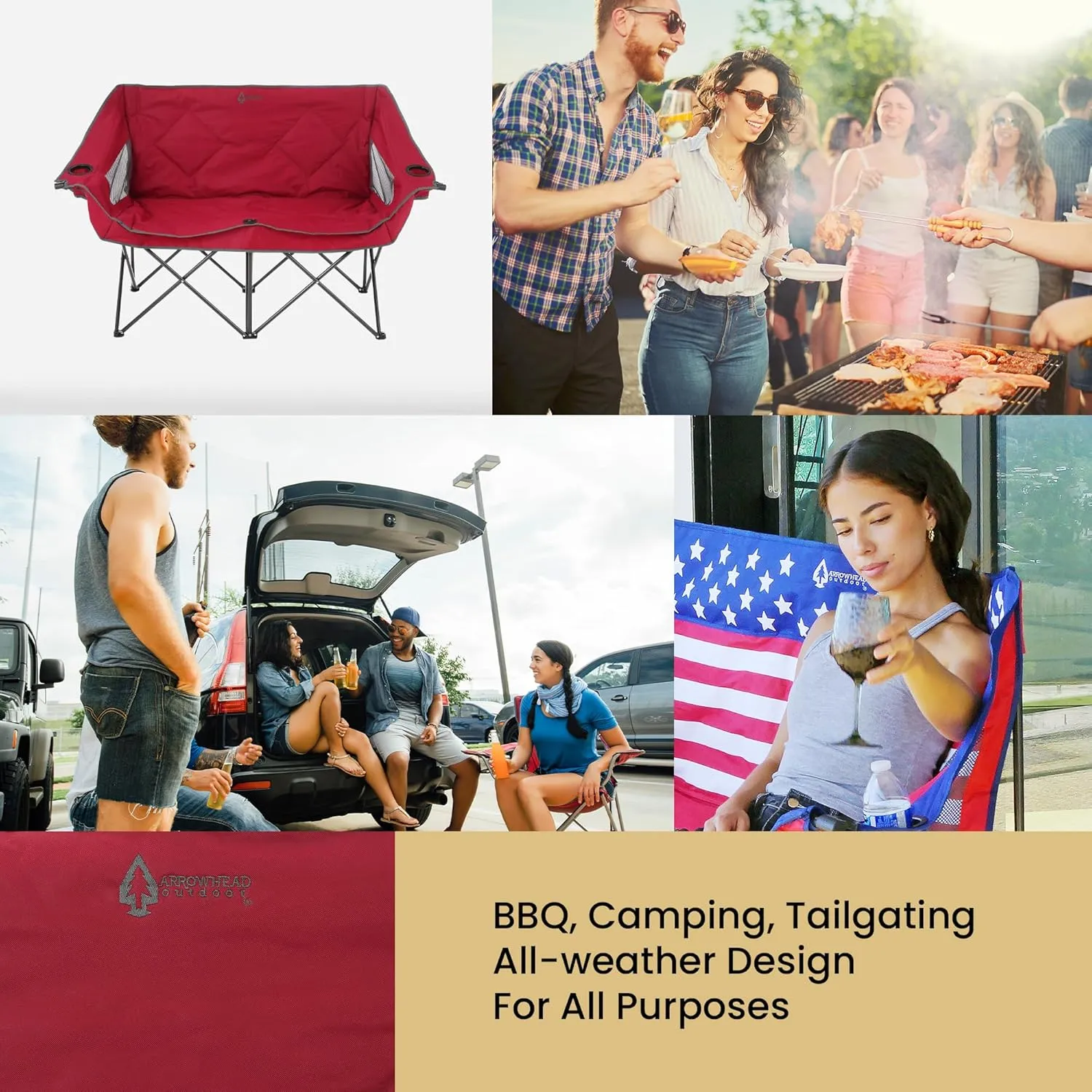 ARROWHEAD OUTDOOR Portable Folding Double Duo Camping Chair Loveseat w/ 2 Cup & Wine Glass Holder, Heavy-Duty Carrying Bag, Padded Seats & Armrests, Supports up to 500lbs, USA-Based Support