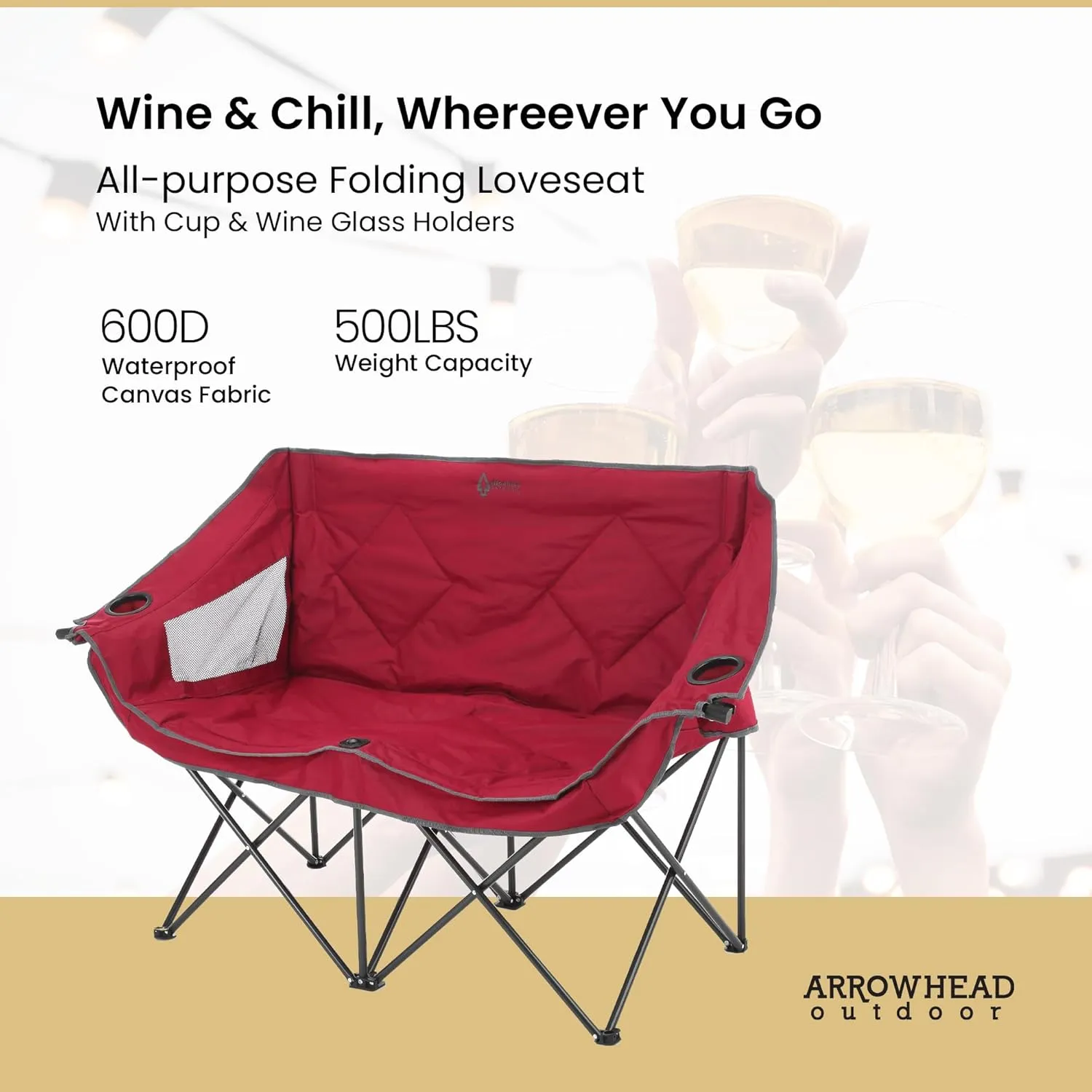 ARROWHEAD OUTDOOR Portable Folding Double Duo Camping Chair Loveseat w/ 2 Cup & Wine Glass Holder, Heavy-Duty Carrying Bag, Padded Seats & Armrests, Supports up to 500lbs, USA-Based Support