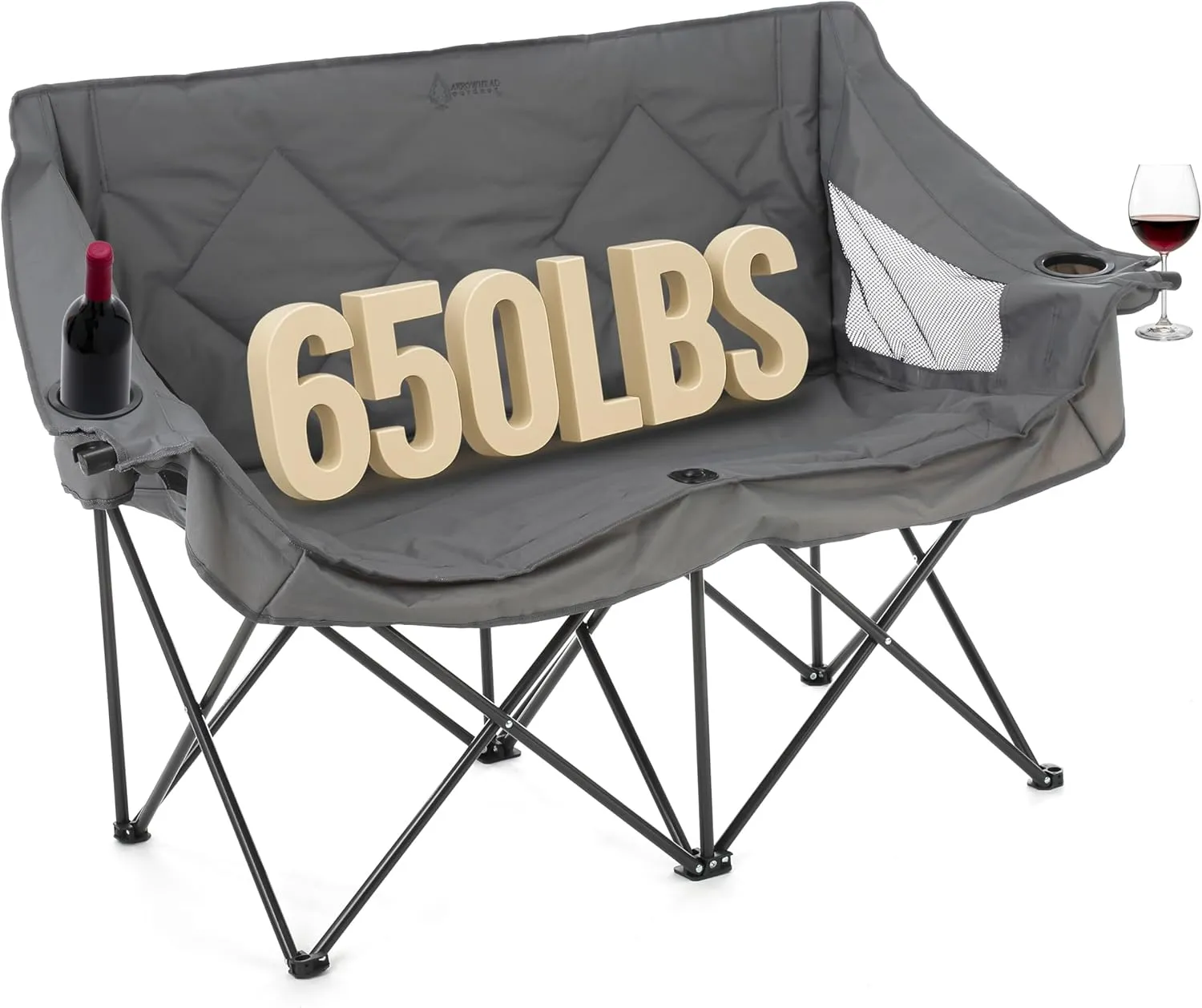 ARROWHEAD OUTDOOR Portable Folding Double Duo Camping Chair Loveseat w/ 2 Cup & Wine Glass Holder, Heavy-Duty Carrying Bag, Padded Seats & Armrests, Supports up to 500lbs, USA-Based Support