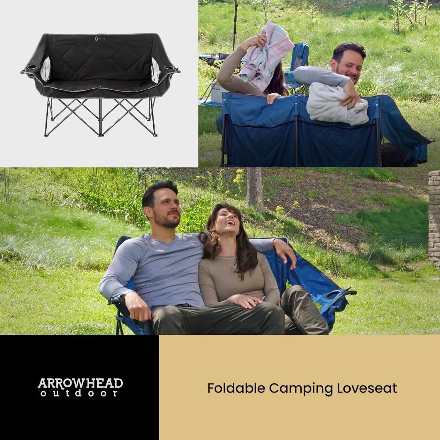ARROWHEAD OUTDOOR Portable Folding Double Duo Camping Chair Loveseat w/ 2 Cup & Wine Glass Holder, Heavy-Duty Carrying Bag, Padded Seats & Armrests, Supports up to 650lbs, Charcoal Black, USA-Support