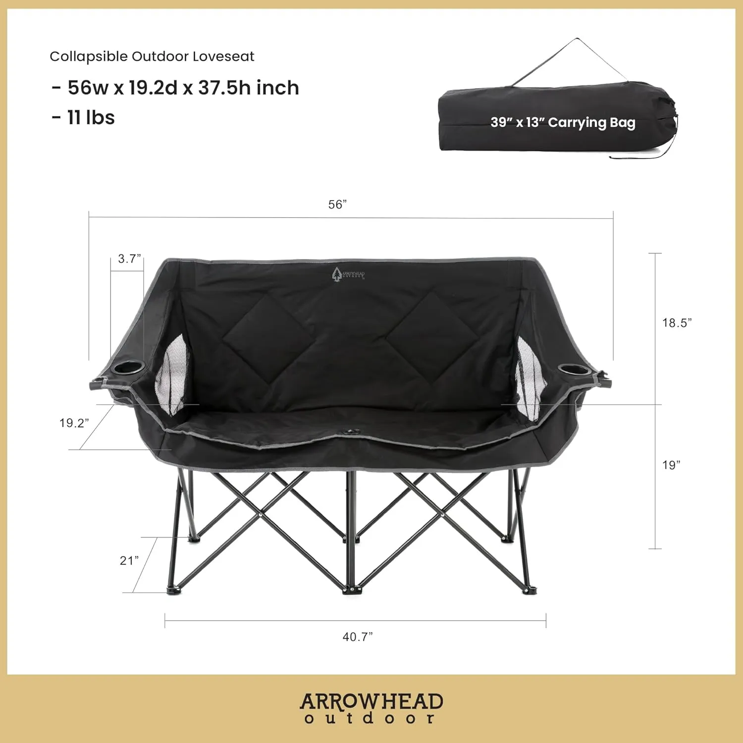 ARROWHEAD OUTDOOR Portable Folding Double Duo Camping Chair Loveseat w/ 2 Cup & Wine Glass Holder, Heavy-Duty Carrying Bag, Padded Seats & Armrests, Supports up to 650lbs, Charcoal Black, USA-Support