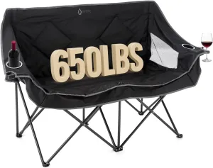 ARROWHEAD OUTDOOR Portable Folding Double Duo Camping Chair Loveseat w/ 2 Cup & Wine Glass Holder, Heavy-Duty Carrying Bag, Padded Seats & Armrests, Supports up to 650lbs, Charcoal Black, USA-Support