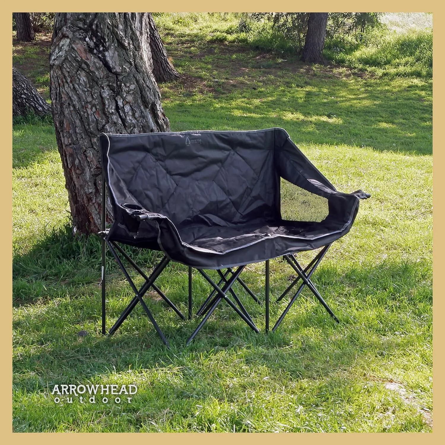 ARROWHEAD OUTDOOR Portable Folding Double Duo Camping Chair Loveseat w/ 2 Cup & Wine Glass Holder, Heavy-Duty Carrying Bag, Padded Seats & Armrests, Supports up to 650lbs, Charcoal Black, USA-Support