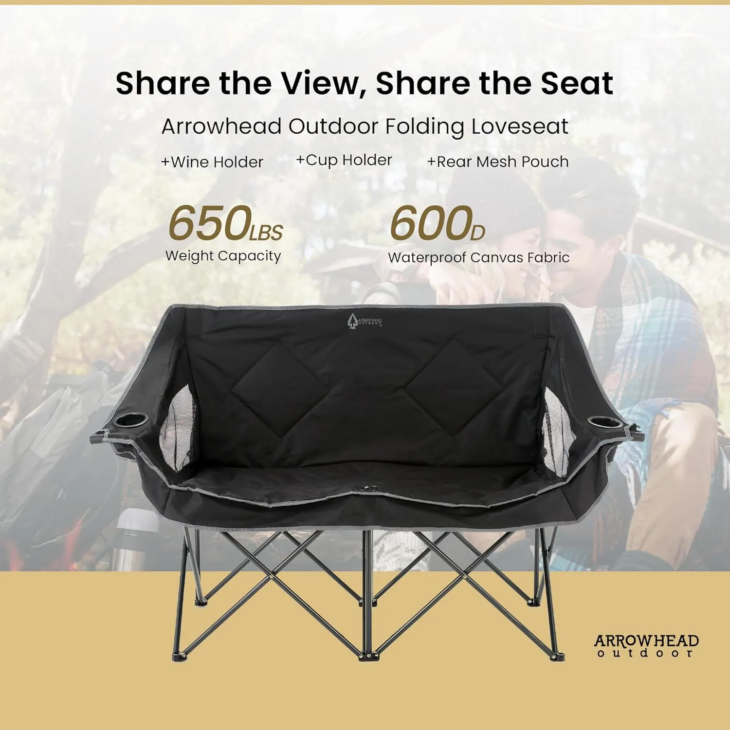 ARROWHEAD OUTDOOR Portable Folding Double Duo Camping Chair Loveseat w/ 2 Cup & Wine Glass Holder, Heavy-Duty Carrying Bag, Padded Seats & Armrests, Supports up to 650lbs, Charcoal Black, USA-Support
