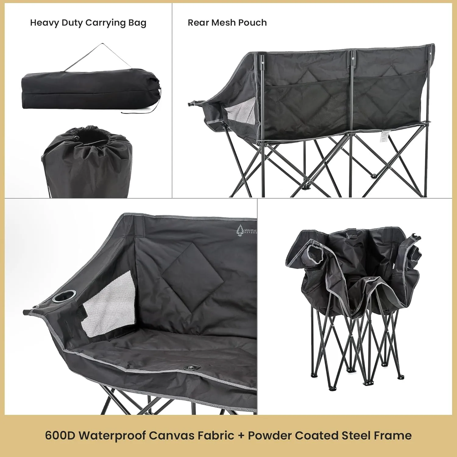 ARROWHEAD OUTDOOR Portable Folding Double Duo Camping Chair Loveseat w/ 2 Cup & Wine Glass Holder, Heavy-Duty Carrying Bag, Padded Seats & Armrests, Supports up to 650lbs, Charcoal Black, USA-Support