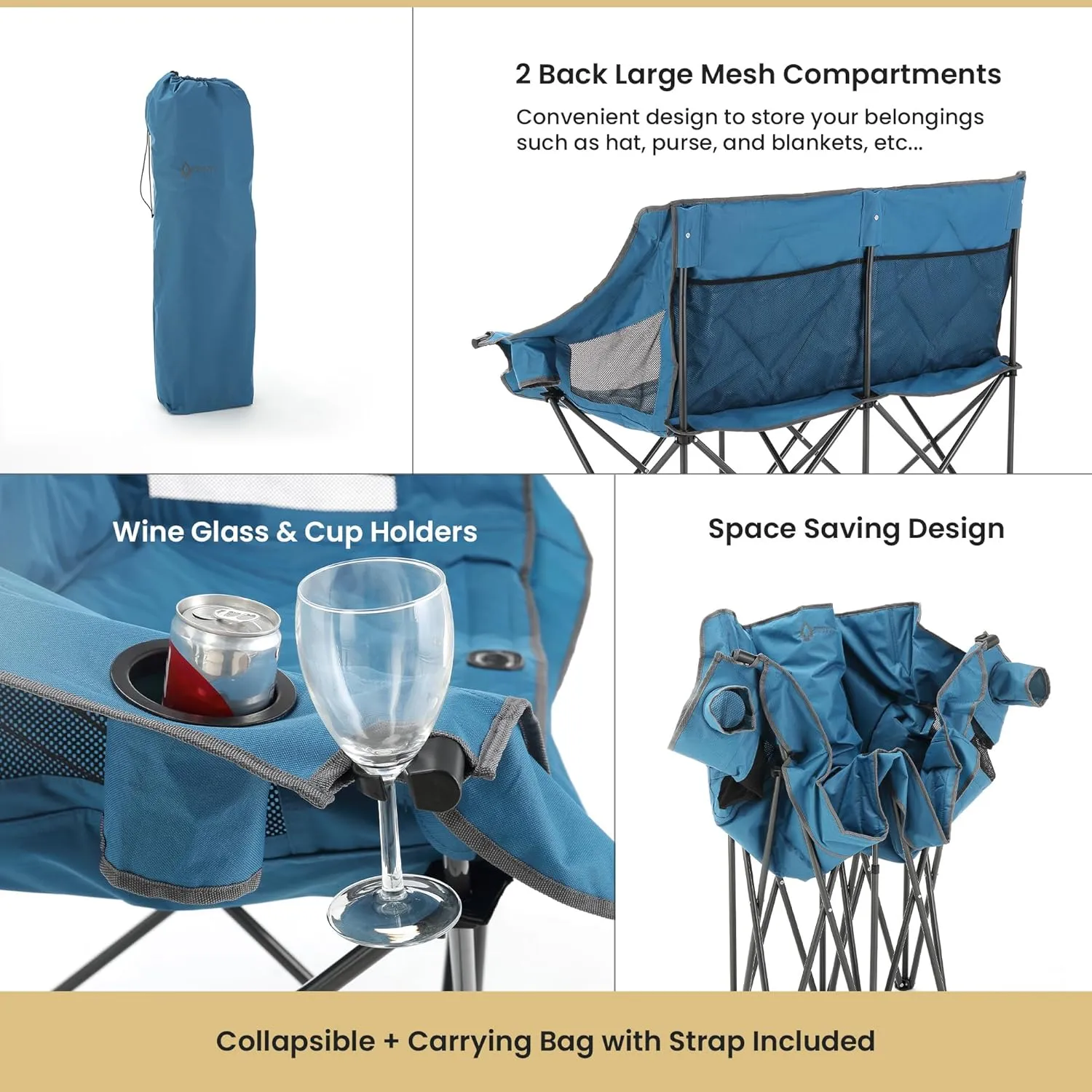 ARROWHEAD OUTDOOR Portable Folding Double Duo Camping Chair Loveseat w/ 2 Cup & Wine Glass Holder, Heavy-Duty Carrying Bag, Padded Seats & Armrests, Supports up to 650lbs, USA-Based Support