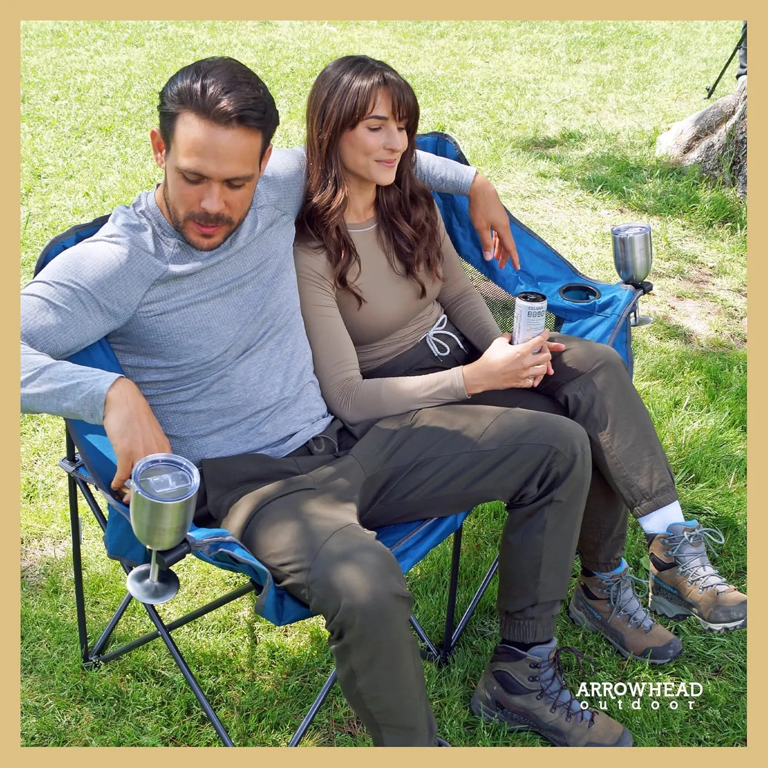 ARROWHEAD OUTDOOR Portable Folding Double Duo Camping Chair Loveseat w/ 2 Cup & Wine Glass Holder, Heavy-Duty Carrying Bag, Padded Seats & Armrests, Supports up to 650lbs, USA-Based Support