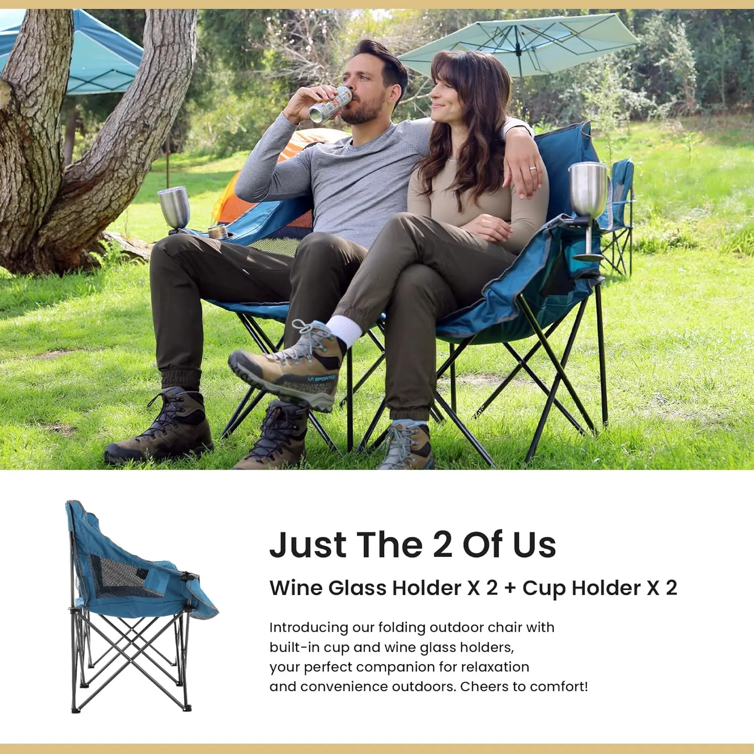 ARROWHEAD OUTDOOR Portable Folding Double Duo Camping Chair Loveseat w/ 2 Cup & Wine Glass Holder, Heavy-Duty Carrying Bag, Padded Seats & Armrests, Supports up to 650lbs, USA-Based Support