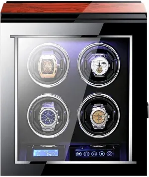 Automatic Watch Winder for 4 Watches LCD Touch Screen Display with Remote Control Wood Shell Piano Finish Quiet Motor Accessories,