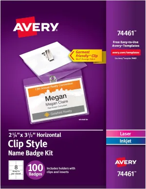 Avery Customizable Name Badges with Clips, 2.25" x 3.5", Clear Name Tag Holders with White Printable Inserts, 5 Packs of 100 Clip Style Name Badges, 500 Badges Total (74461)
