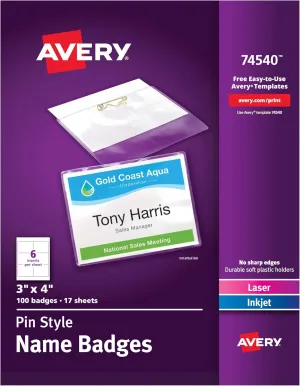Avery Customizable Name Badges with Pins, 3" x 4", Clear Name Tag Holders with White Printable Inserts, 100 Pin Style Name Badges (74540)