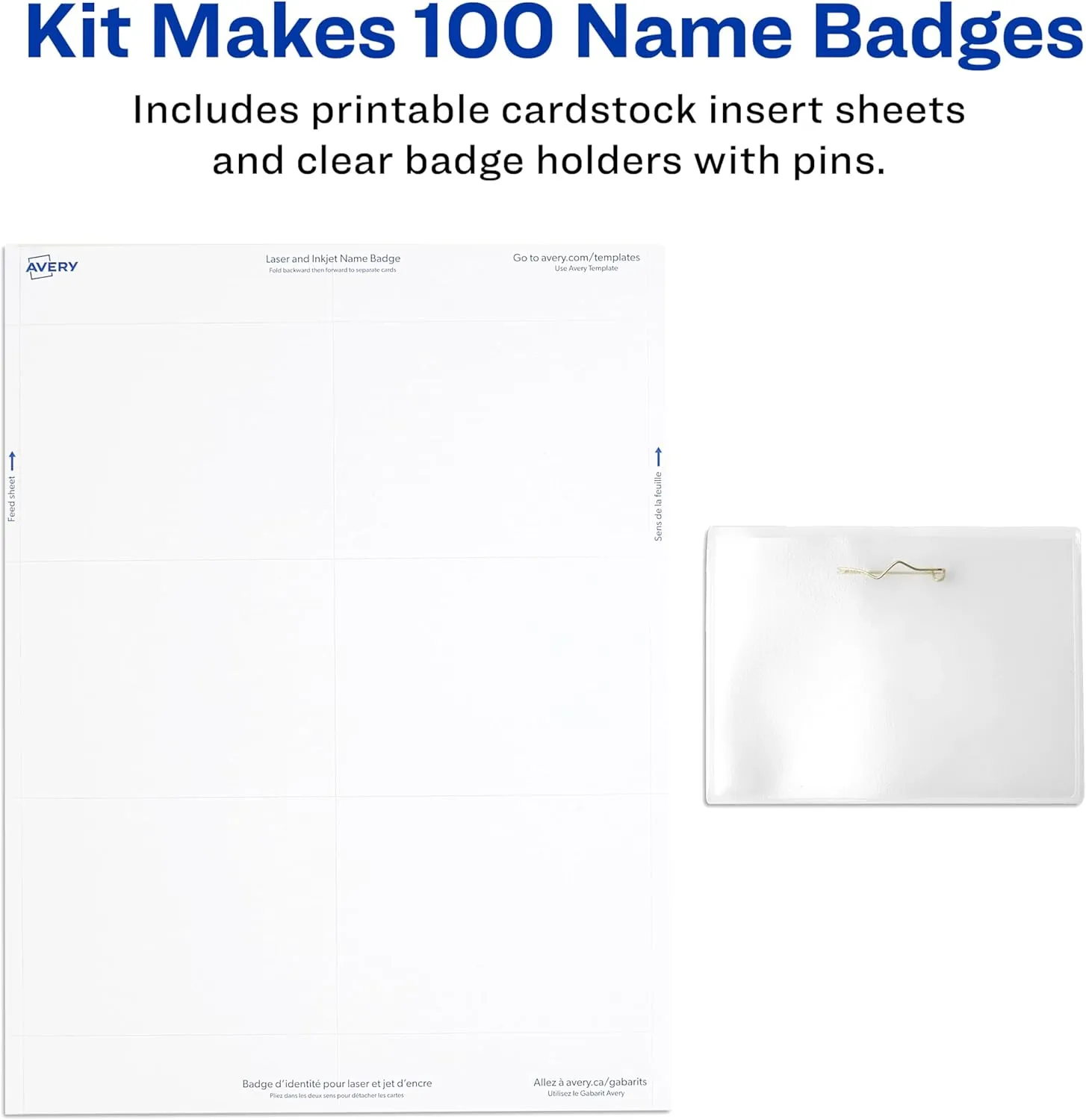 Avery Customizable Name Badges with Pins, 3" x 4", Clear Name Tag Holders with White Printable Inserts, 100 Pin Style Name Badges (74540)