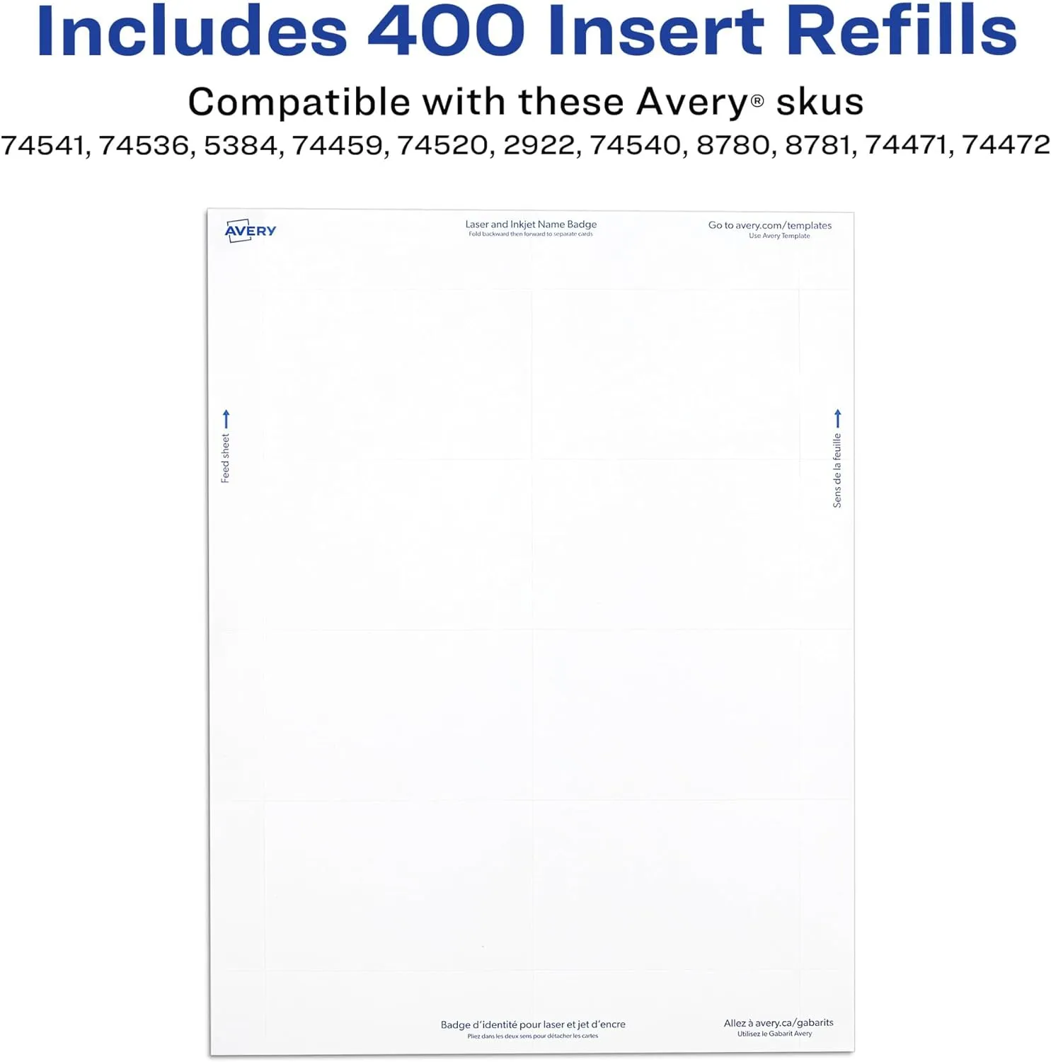 Avery Name Badge Inserts, 3" x 4", Print or Write, Laser/Inkjet, 300 Inserts Per Pack, 5-Pack, 1,500 Badge Inserts Total (5392)