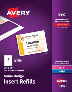 Avery Name Badge Inserts, 3" x 4", Print or Write, Laser/Inkjet, 300 Inserts Per Pack, 5-Pack, 1,500 Badge Inserts Total (5392)
