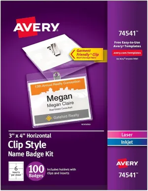 Avery Top-Loading Garment-Friendly Clip-Style Name Badges, 3" x 4", 100 Badges(74541)