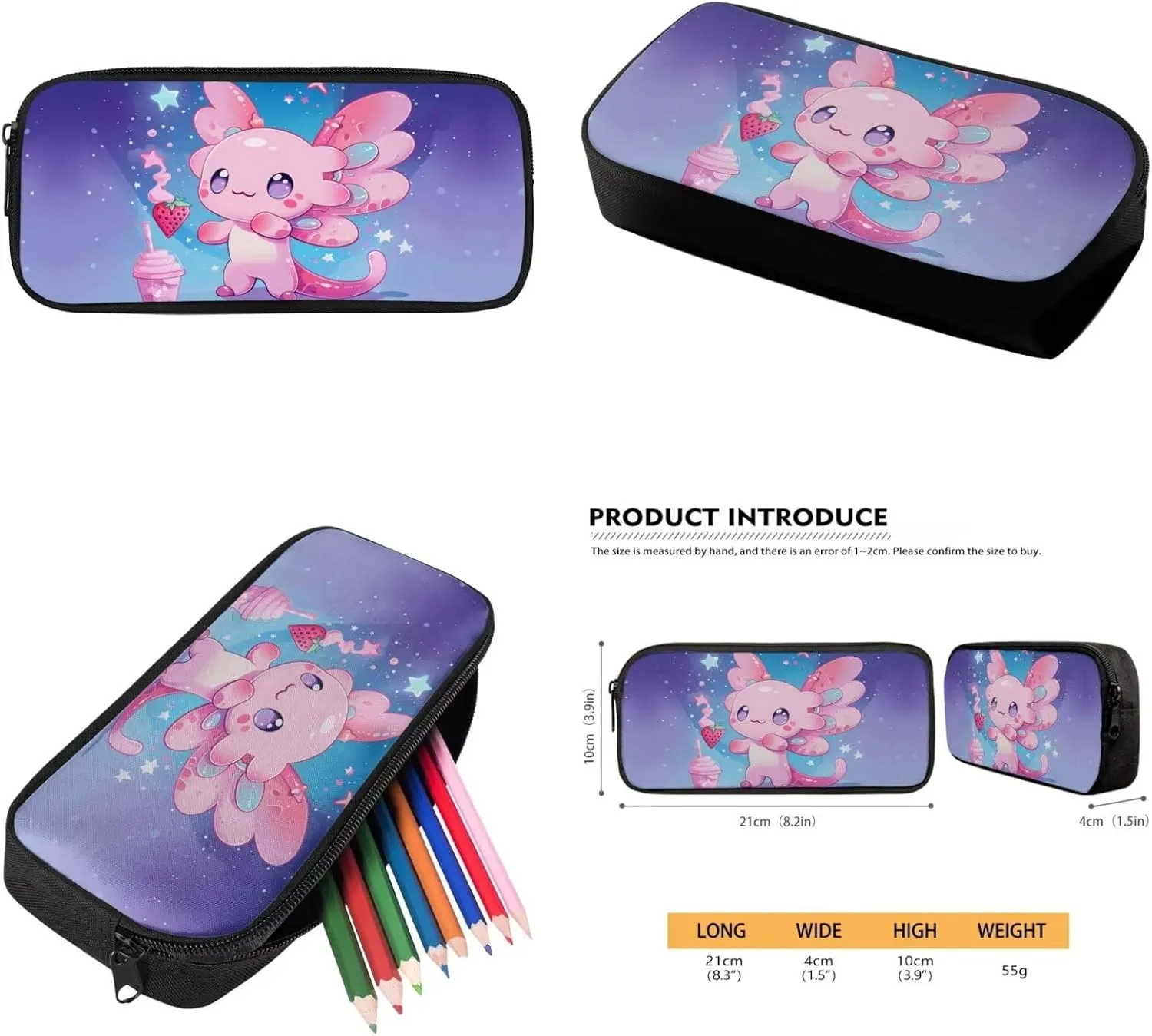 Axolotl Book Bag Lunch Box Combo for Girls Cute Backpack and Lunchbox Set 3 Piece Kids Strawberry School Bag with Lunch Boxes Pencil Case 17 Inch Backpacks Set