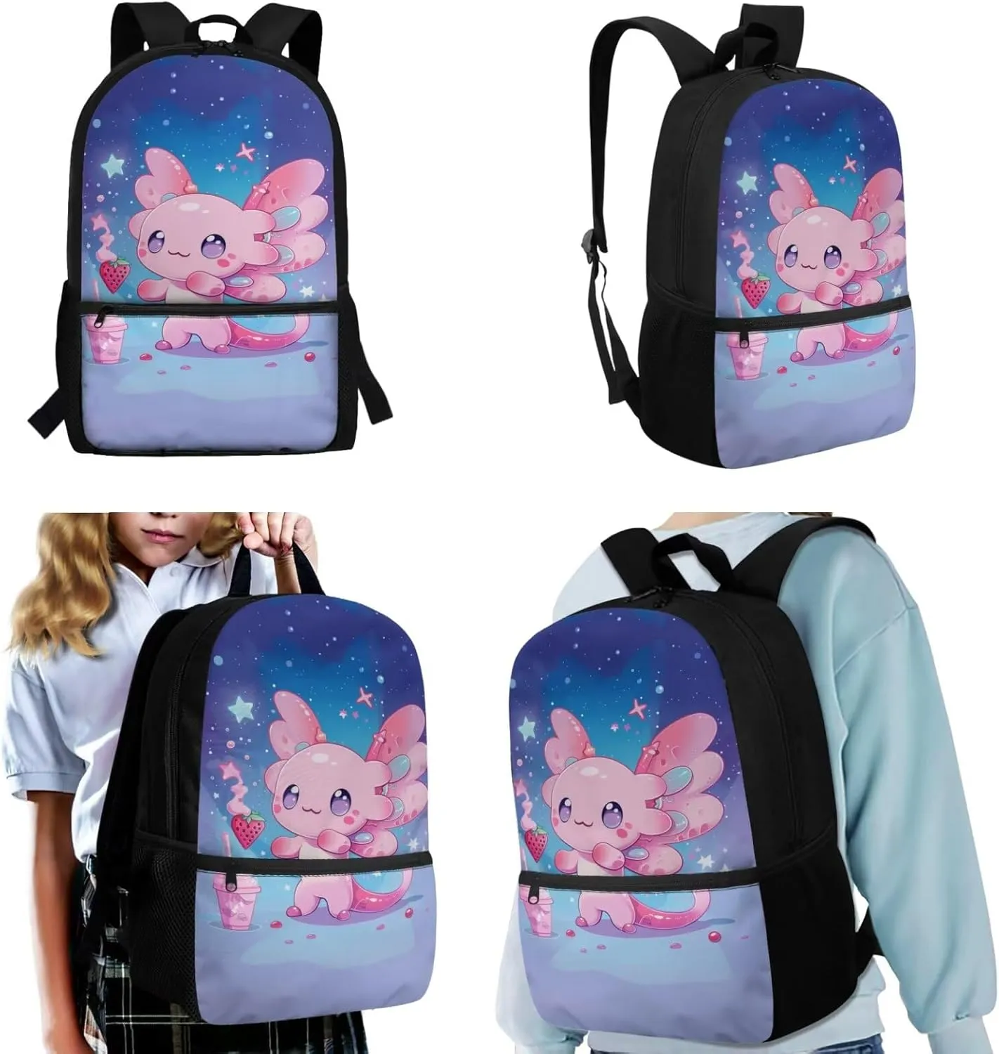 Axolotl Book Bag Lunch Box Combo for Girls Cute Backpack and Lunchbox Set 3 Piece Kids Strawberry School Bag with Lunch Boxes Pencil Case 17 Inch Backpacks Set
