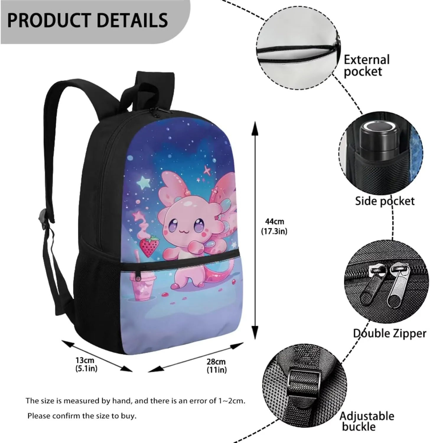 Axolotl Book Bag Lunch Box Combo for Girls Cute Backpack and Lunchbox Set 3 Piece Kids Strawberry School Bag with Lunch Boxes Pencil Case 17 Inch Backpacks Set