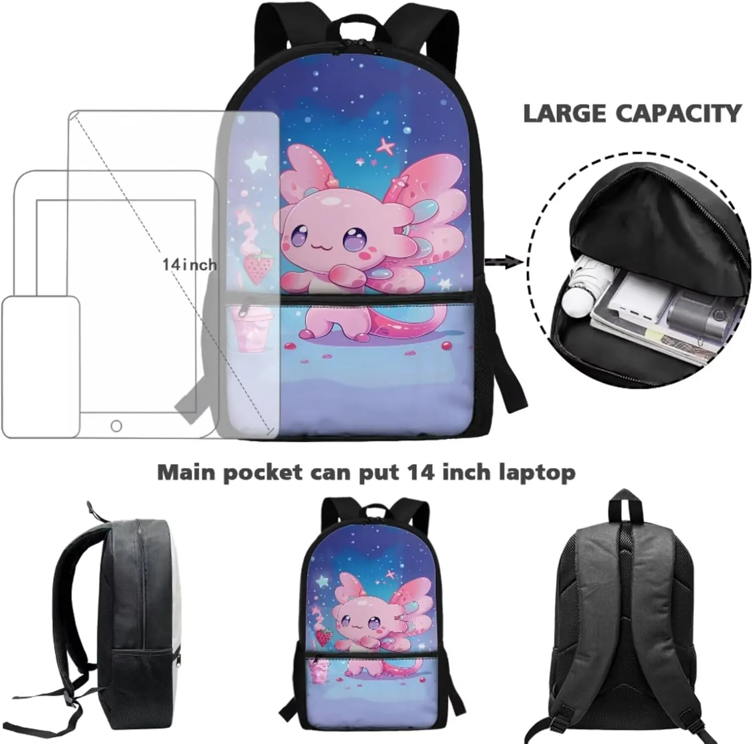 Axolotl Book Bag Lunch Box Combo for Girls Cute Backpack and Lunchbox Set 3 Piece Kids Strawberry School Bag with Lunch Boxes Pencil Case 17 Inch Backpacks Set
