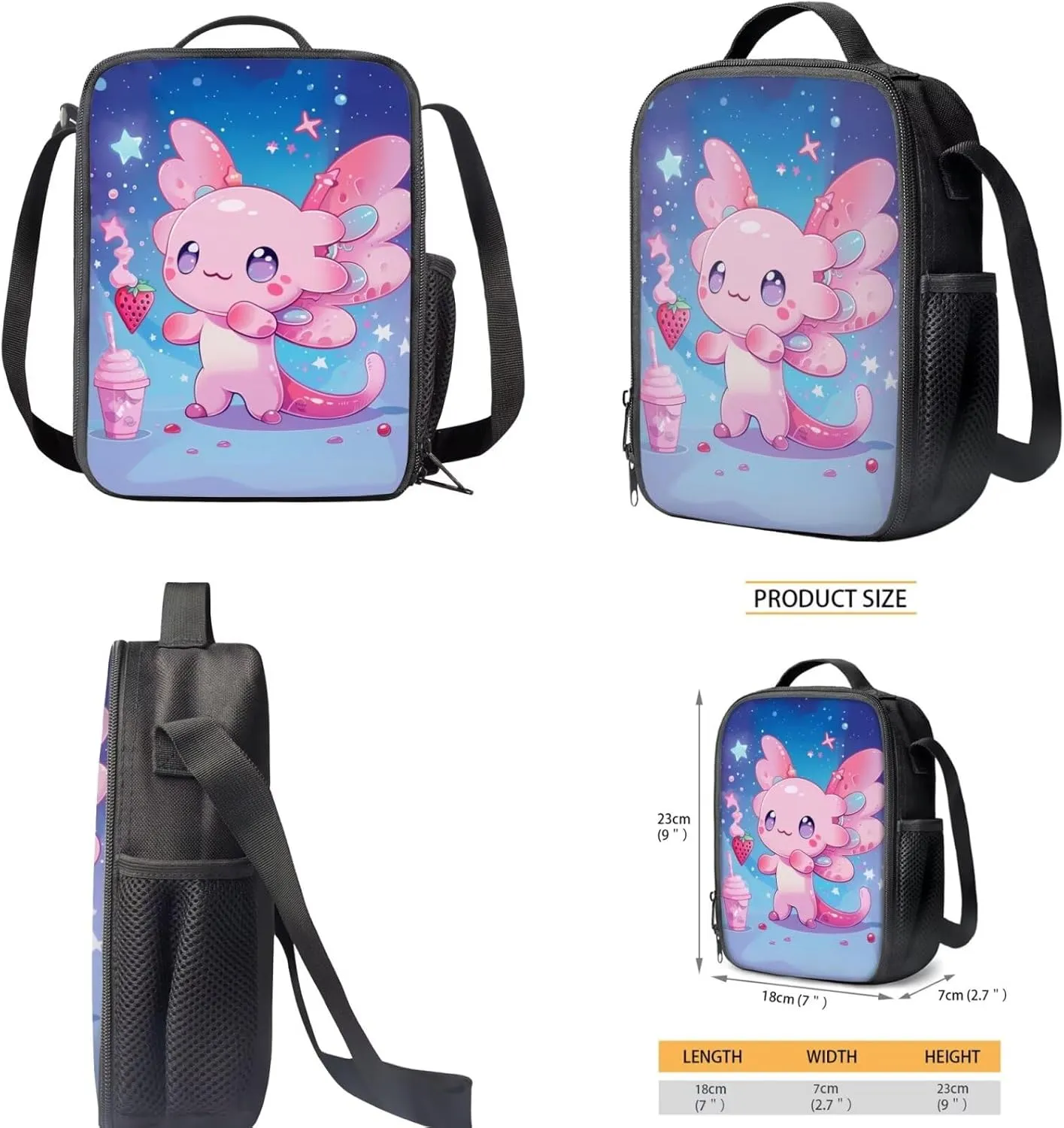 Axolotl Book Bag Lunch Box Combo for Girls Cute Backpack and Lunchbox Set 3 Piece Kids Strawberry School Bag with Lunch Boxes Pencil Case 17 Inch Backpacks Set