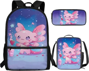 Axolotl Book Bag Lunch Box Combo for Girls Cute Backpack and Lunchbox Set 3 Piece Kids Strawberry School Bag with Lunch Boxes Pencil Case 17 Inch Backpacks Set