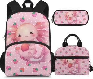 Axolotl Girls Backpack with Lunch Box Set Strawberry Kids Bookbags for 1st Grade Back Pack and Lunch Bag Pencil Case 3 in 1 Kindergarten Back to School Book Bags Lunchbox 15in Schoolbag