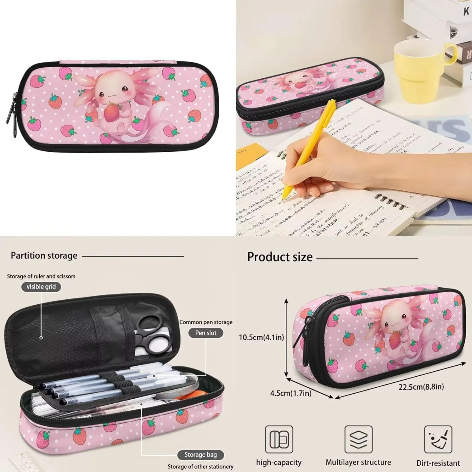 Axolotl Girls Backpack with Lunch Box Set Strawberry Kids Bookbags for 1st Grade Back Pack and Lunch Bag Pencil Case 3 in 1 Kindergarten Back to School Book Bags Lunchbox 15in Schoolbag