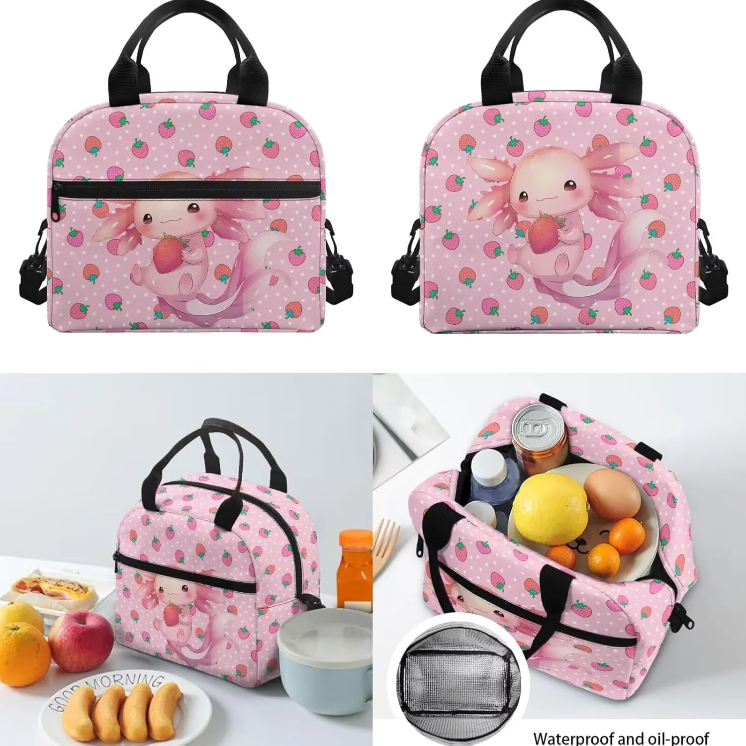 Axolotl Girls Backpack with Lunch Box Set Strawberry Kids Bookbags for 1st Grade Back Pack and Lunch Bag Pencil Case 3 in 1 Kindergarten Back to School Book Bags Lunchbox 15in Schoolbag
