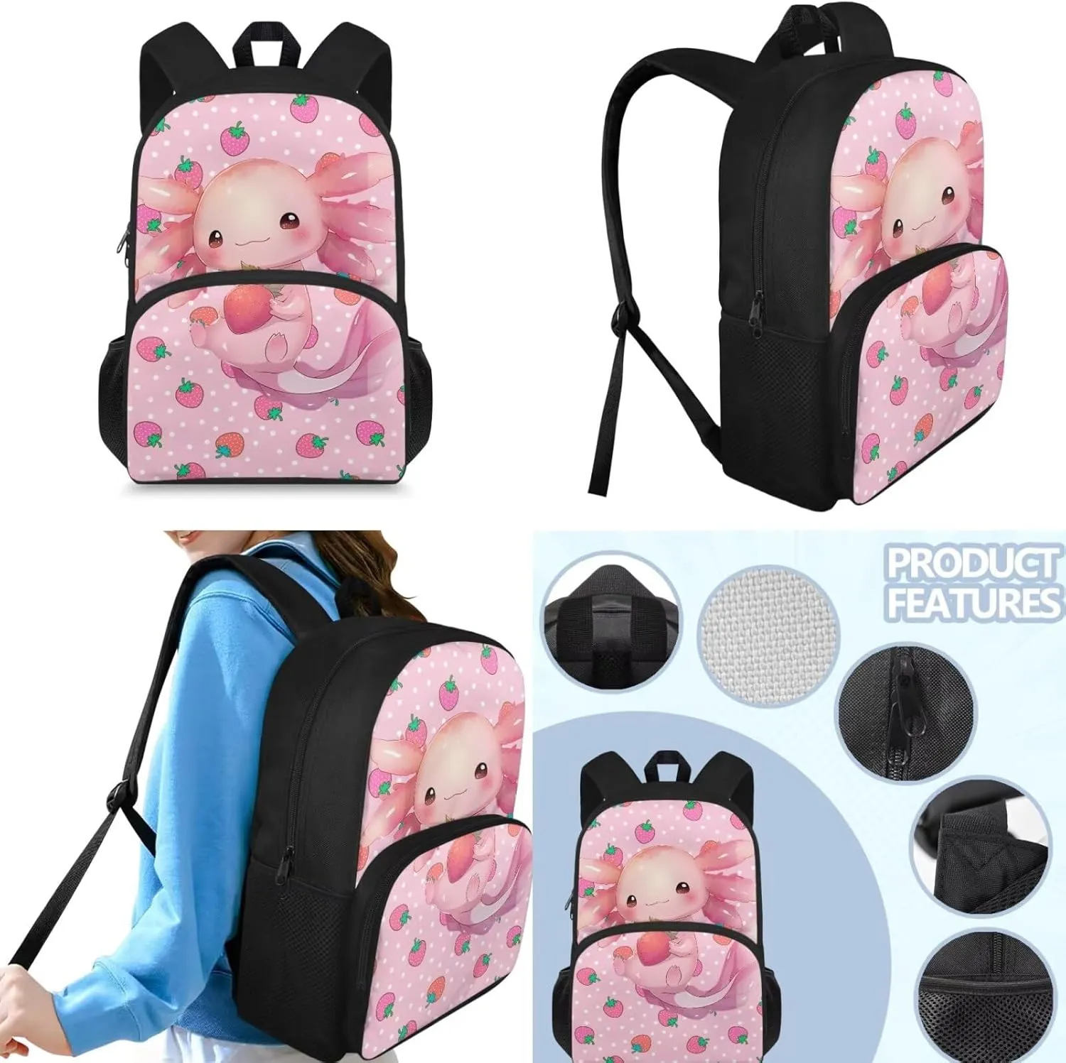 Axolotl Girls Backpack with Lunch Box Set Strawberry Kids Bookbags for 1st Grade Back Pack and Lunch Bag Pencil Case 3 in 1 Kindergarten Back to School Book Bags Lunchbox 15in Schoolbag
