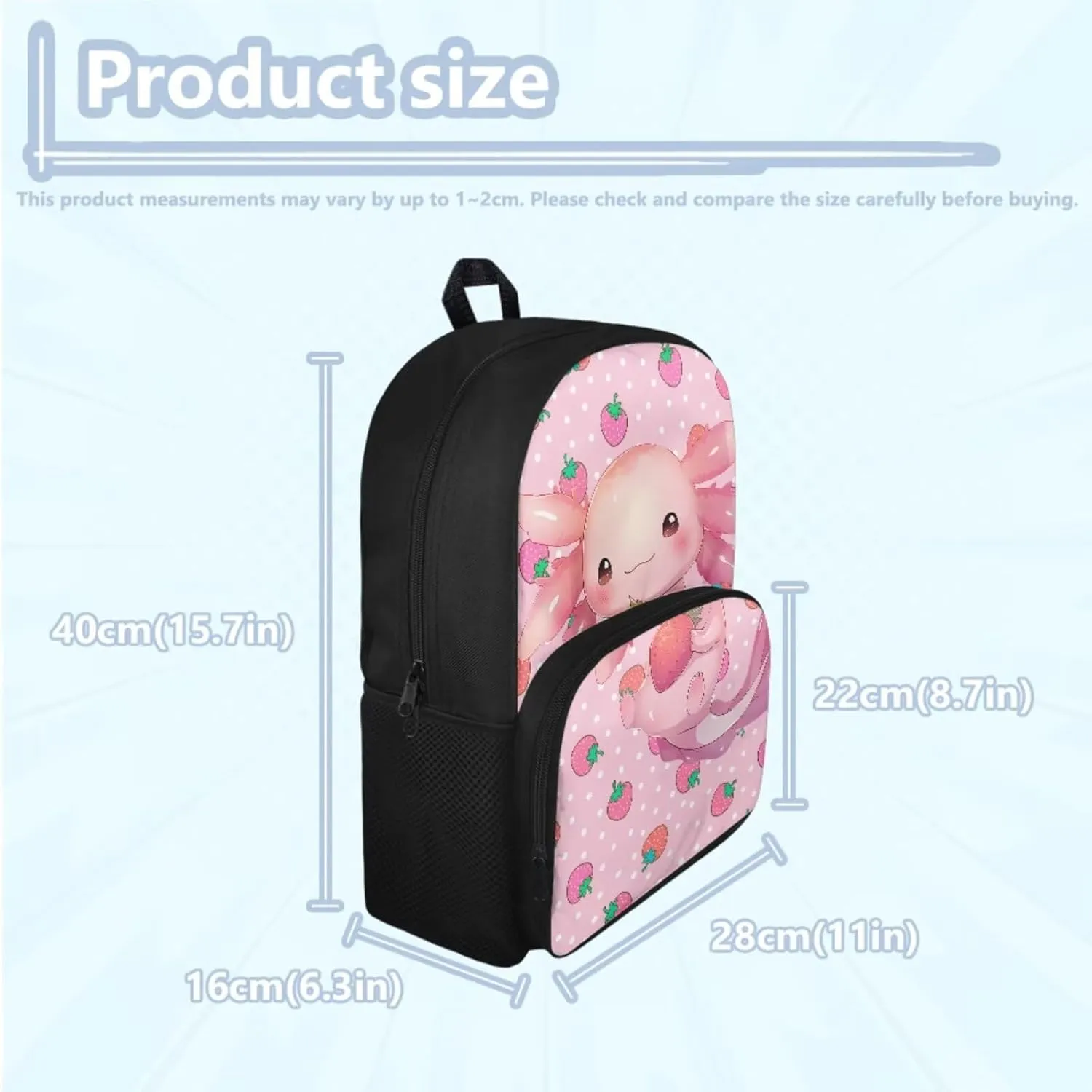 Axolotl Girls Backpack with Lunch Box Set Strawberry Kids Bookbags for 1st Grade Back Pack and Lunch Bag Pencil Case 3 in 1 Kindergarten Back to School Book Bags Lunchbox 15in Schoolbag