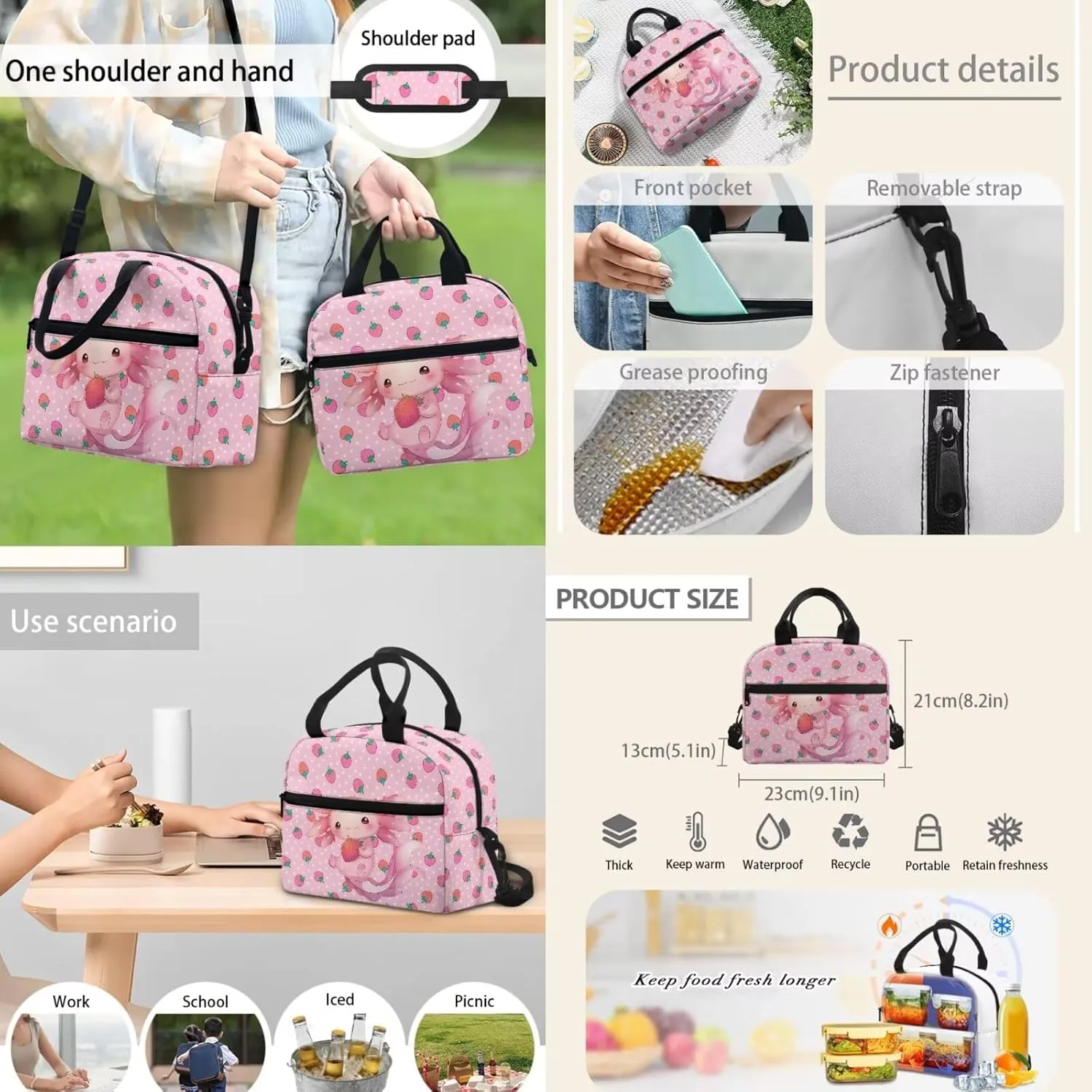 Axolotl Girls Backpack with Lunch Box Set Strawberry Kids Bookbags for 1st Grade Back Pack and Lunch Bag Pencil Case 3 in 1 Kindergarten Back to School Book Bags Lunchbox 15in Schoolbag
