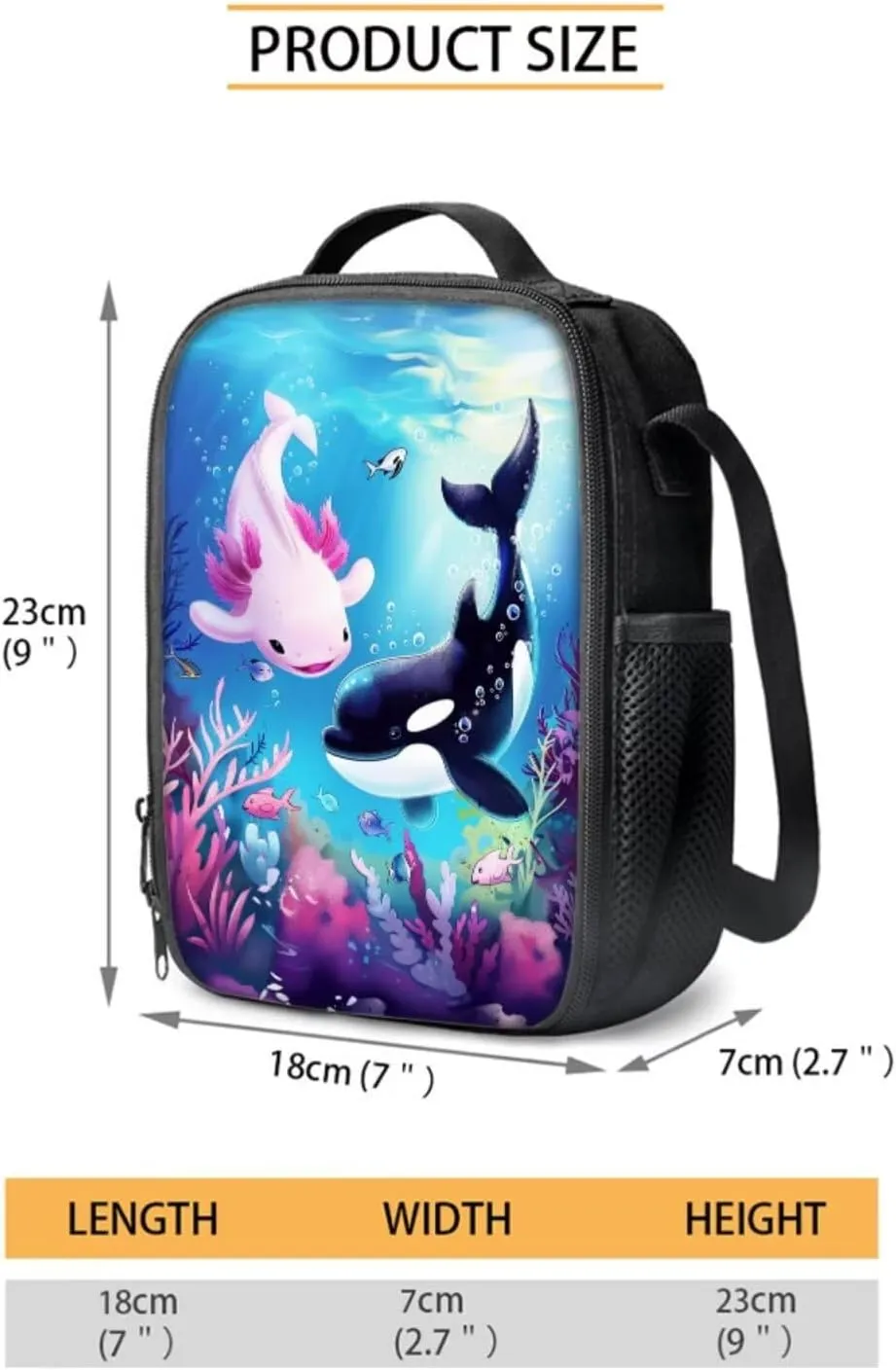 Axolotl Killer Whale Backpack with Lunch Box Cute School Backpacks for Girls 8-7 10-12 and Lunchbox 17 Inch Large Capacity Primary School Bag Lunch Bag Pencil Case, 3-in-1