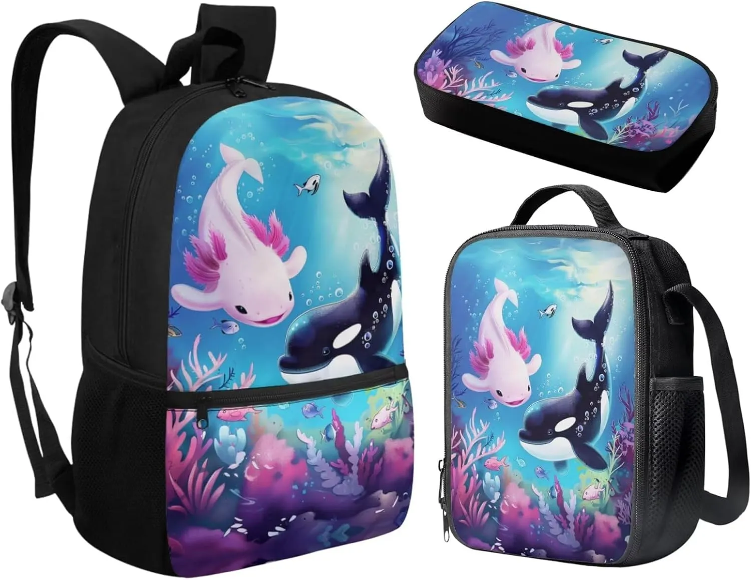Axolotl Killer Whale Backpack with Lunch Box Cute School Backpacks for Girls 8-7 10-12 and Lunchbox 17 Inch Large Capacity Primary School Bag Lunch Bag Pencil Case, 3-in-1