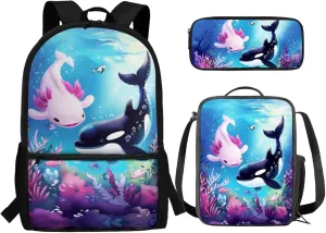 Axolotl Killer Whale Backpack with Lunch Box Cute School Backpacks for Girls 8-7 10-12 and Lunchbox 17 Inch Large Capacity Primary School Bag Lunch Bag Pencil Case, 3-in-1