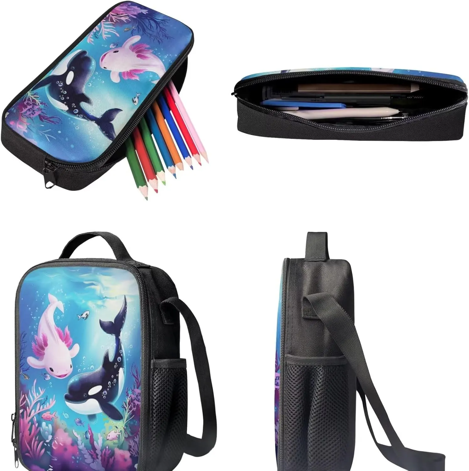 Axolotl Killer Whale Backpack with Lunch Box Cute School Backpacks for Girls 8-7 10-12 and Lunchbox 17 Inch Large Capacity Primary School Bag Lunch Bag Pencil Case, 3-in-1