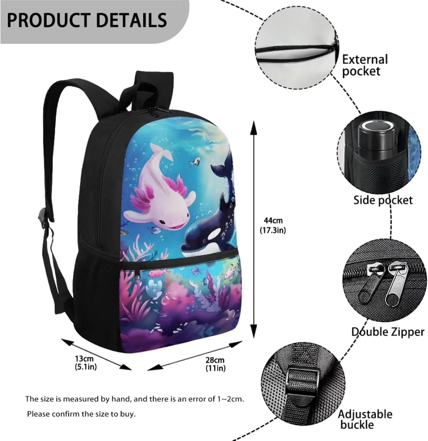 Axolotl Killer Whale Backpack with Lunch Box Cute School Backpacks for Girls 8-7 10-12 and Lunchbox 17 Inch Large Capacity Primary School Bag Lunch Bag Pencil Case, 3-in-1