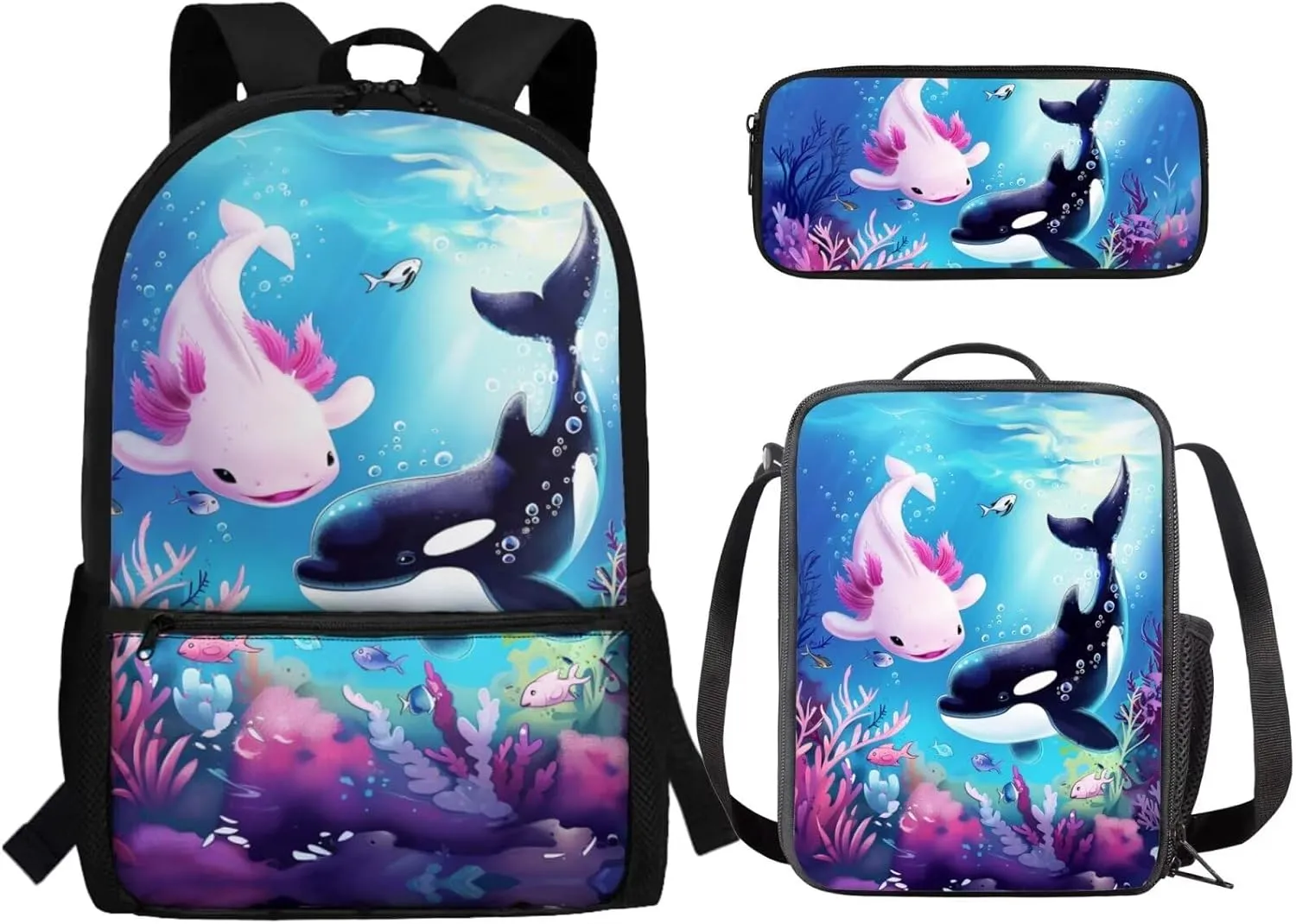 Axolotl Killer Whale Backpack with Lunch Box Cute School Backpacks for Girls 8-7 10-12 and Lunchbox 17 Inch Large Capacity Primary School Bag Lunch Bag Pencil Case, 3-in-1